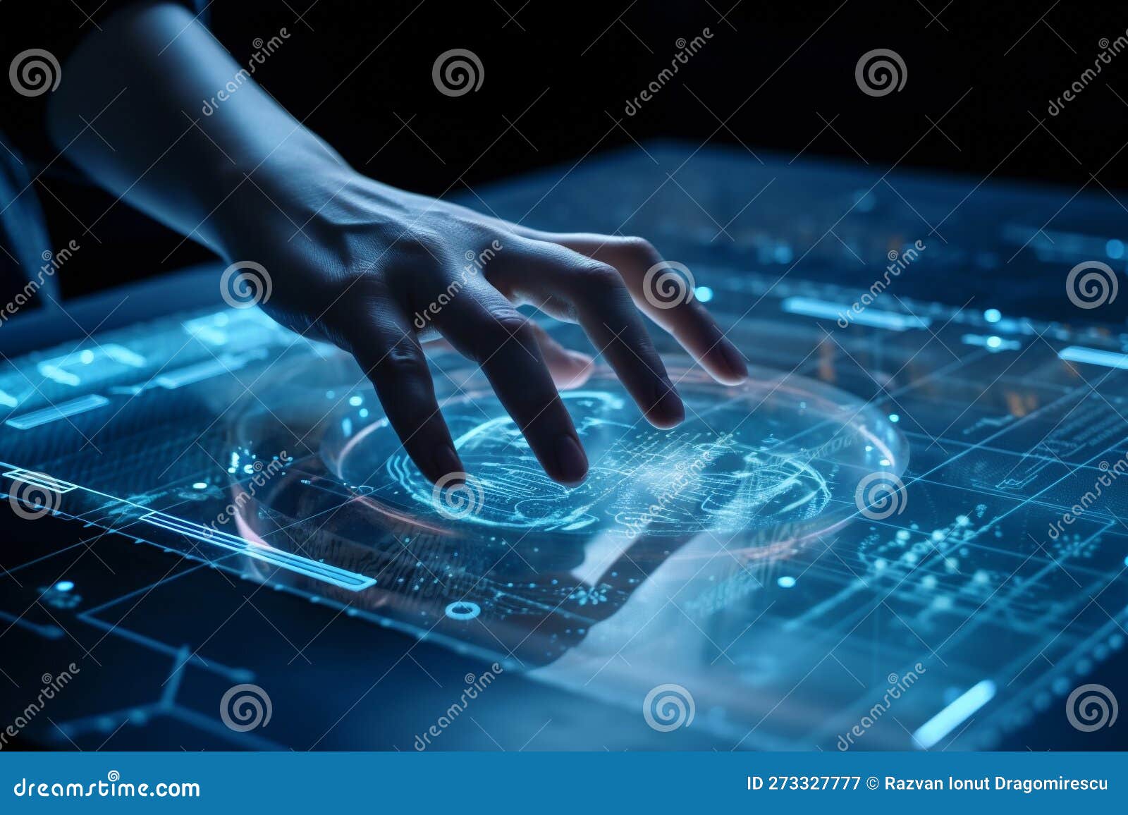 this  features a hand next to a futuristic touch screen, exploring information and discovering new possibilities. ai
