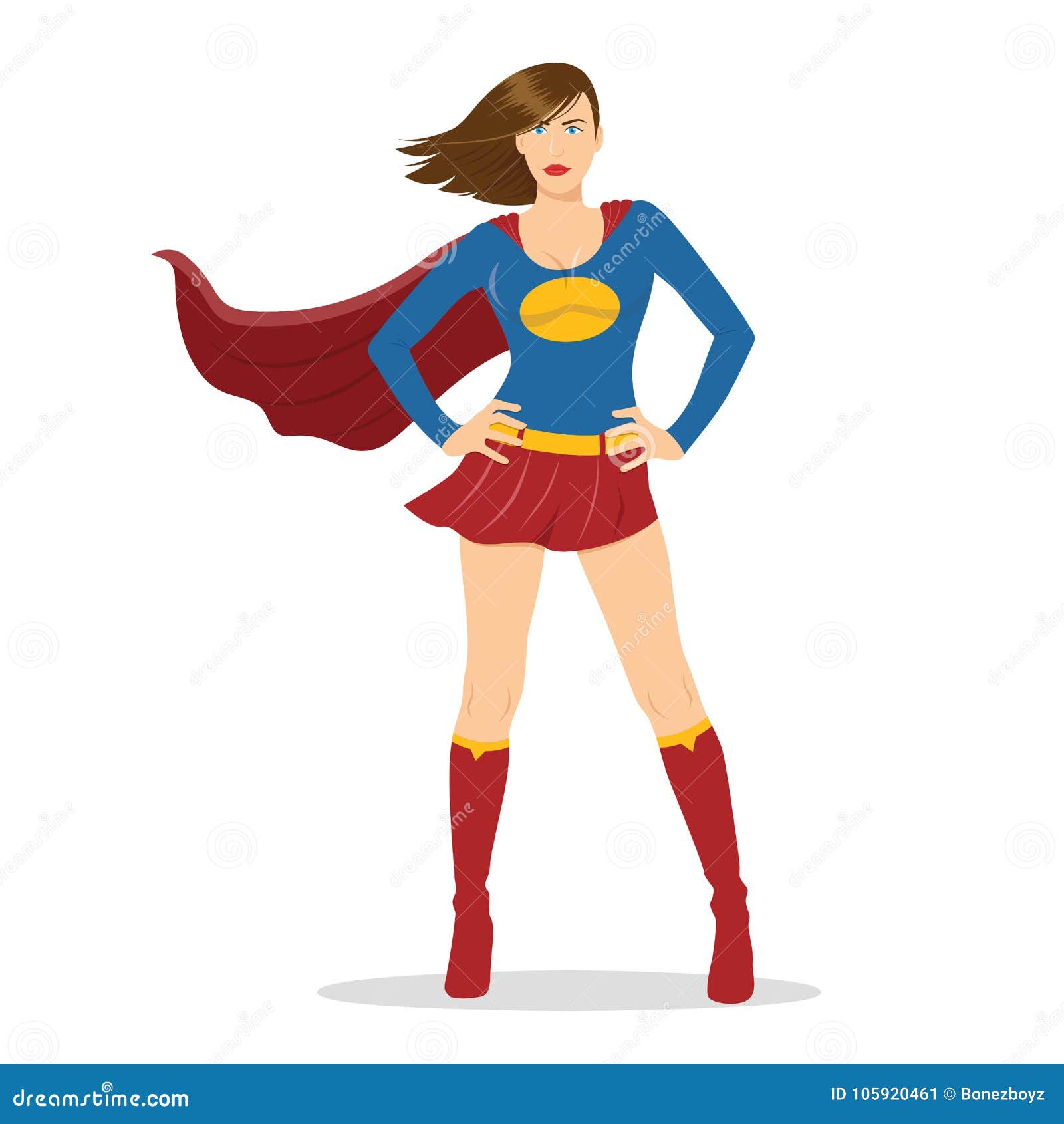 Woman superhero cartoon character. Wonder woman with cape of superman.  Confident business lady focused on success. Flat beautiful female super  hero Stock Vector