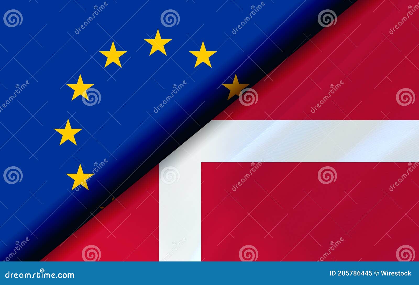 Illustration of the Flags of the EU and Denmark Divided Diagonally. 3D