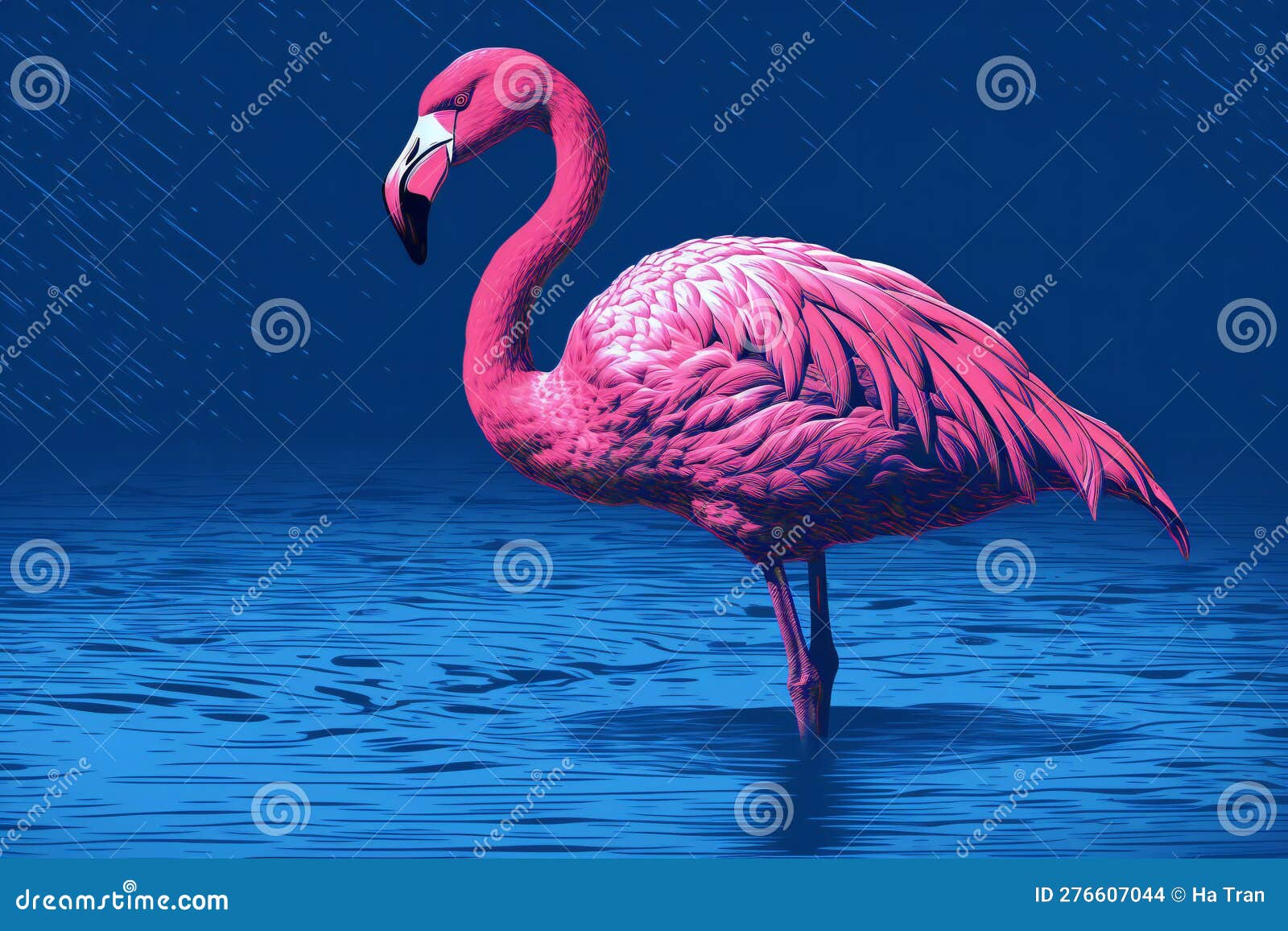 Illustration of a Flamingo in the Water with Raindrops Stock