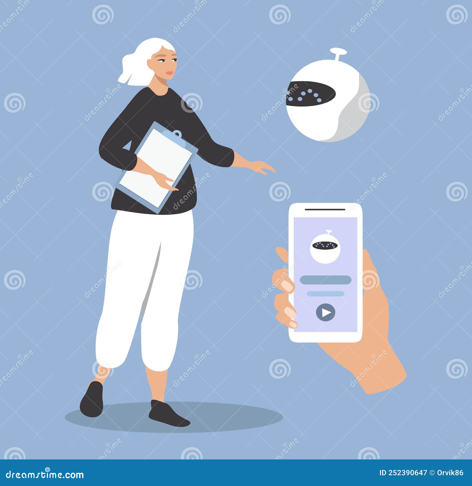 Illustration in a Flat Style a Girl Communicates with an Electronic
