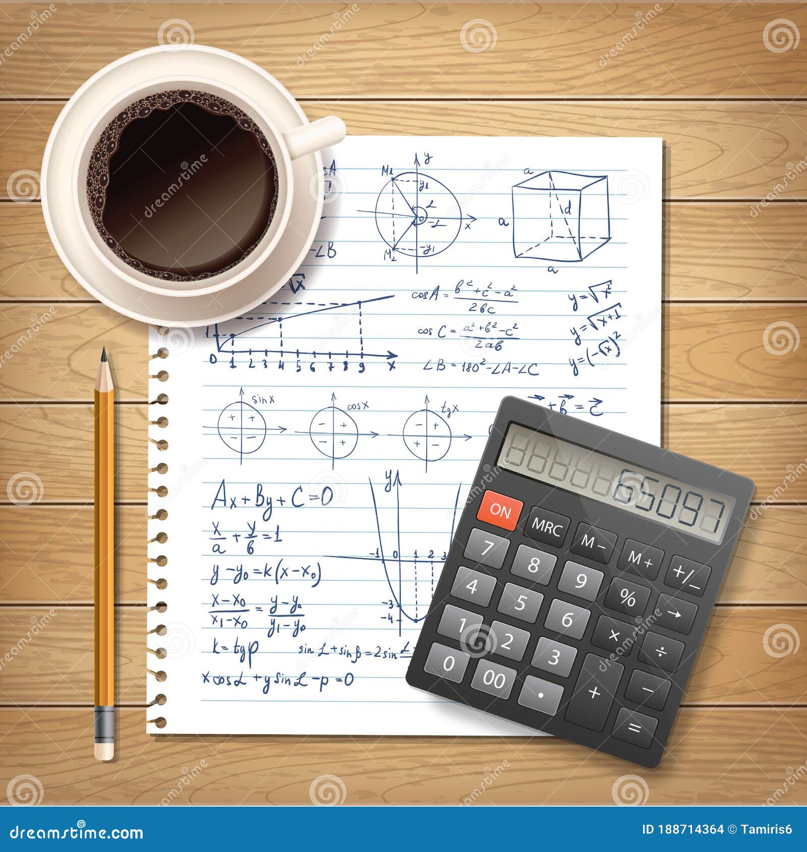 Illustration with Formulas on a Copybook Paper, Calculator and a Cup of