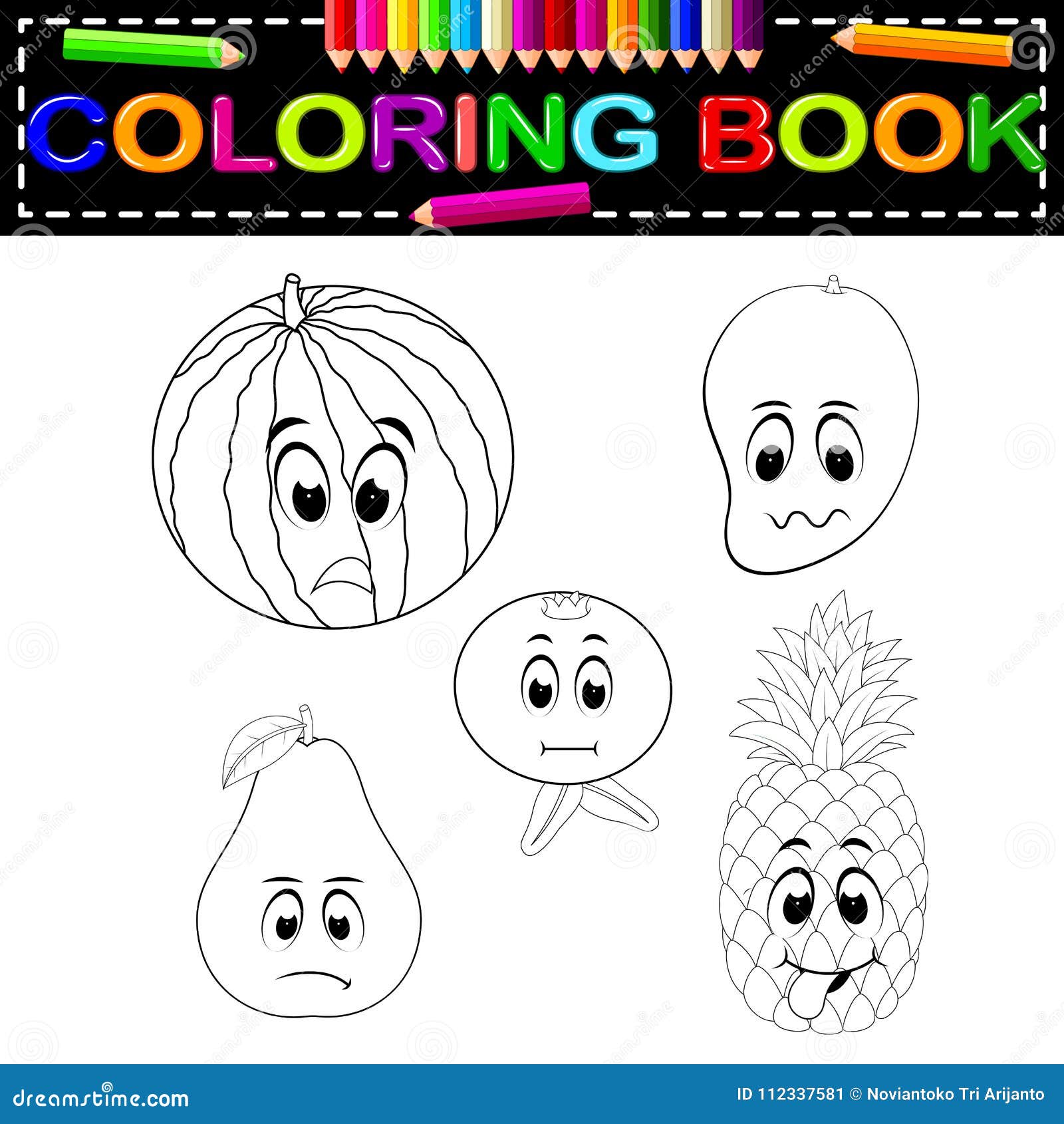 Fresh Fruit with Face Coloring Book Stock Vector Illustration of