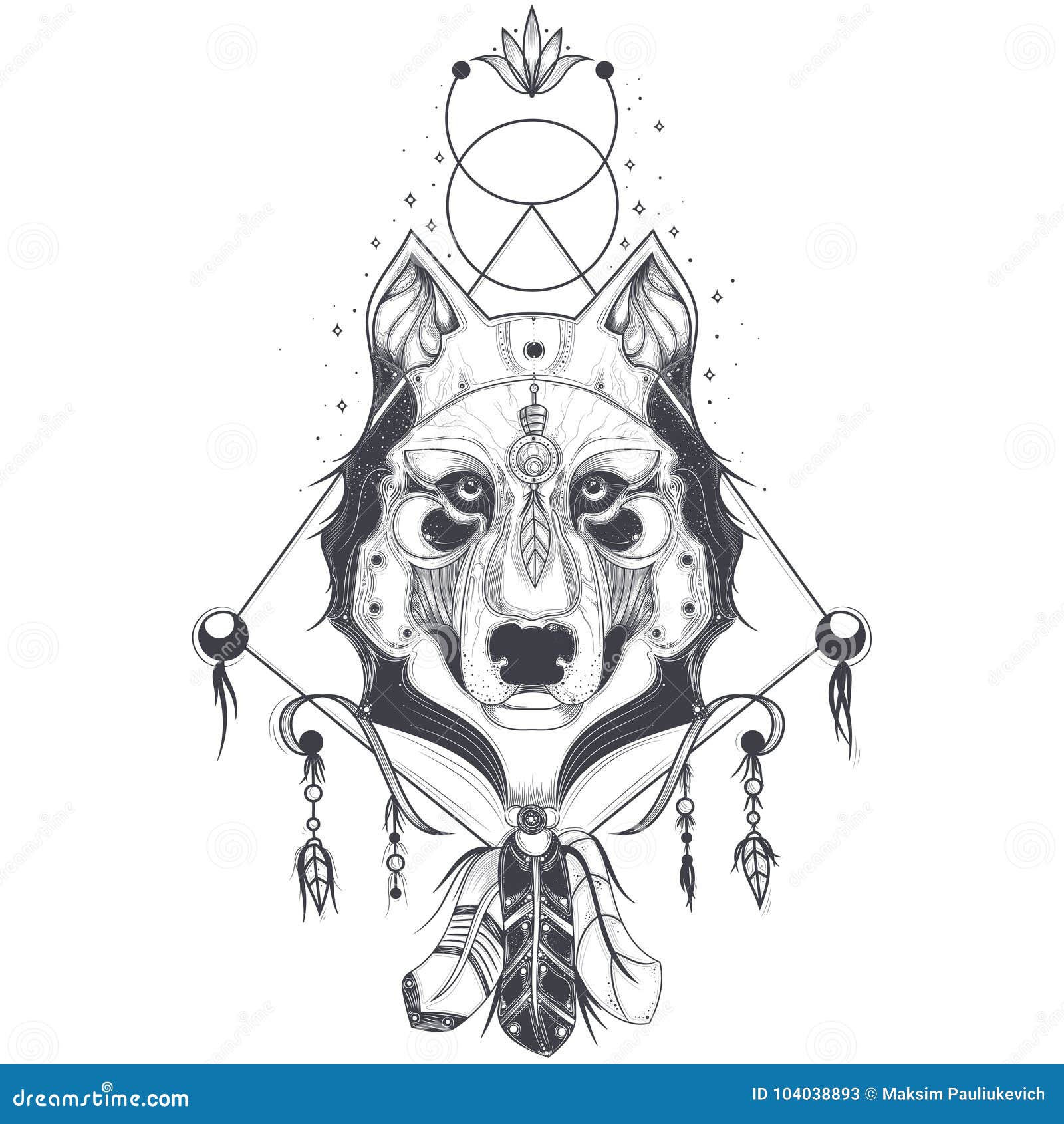  of a front view of a wolf head, geometric sketch of a tattoo