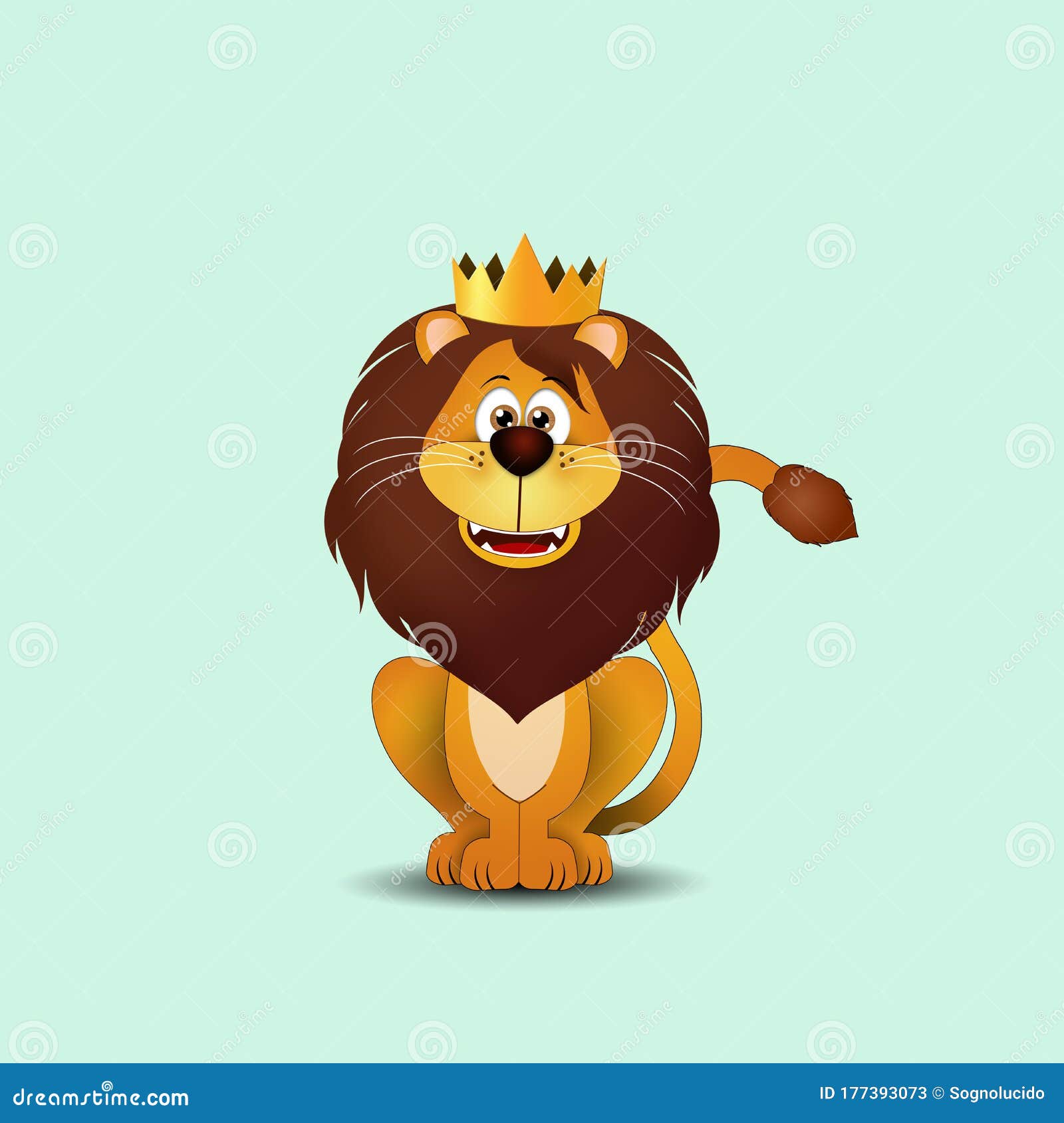 Illustration of Funny Lion with Crown on Green Background Stock  Illustration - Illustration of forest, happy: 177393073
