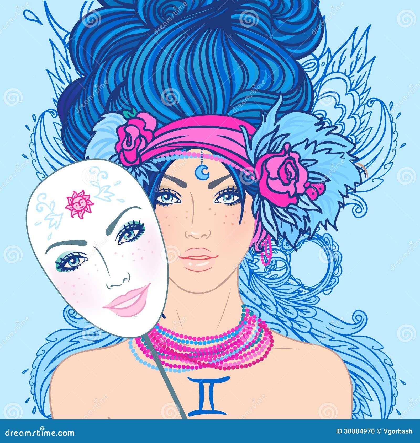 Download Illustration Of Gemini Zodiac Sign As A Beautiful Girl With Mask Stock Illustration ...
