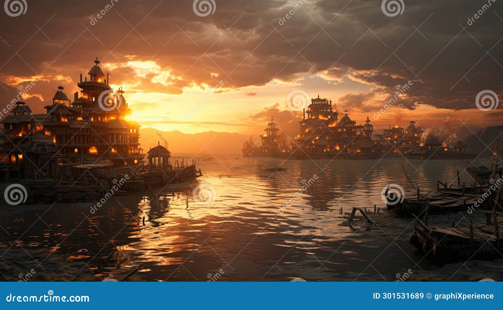 misty steampunk village sunset