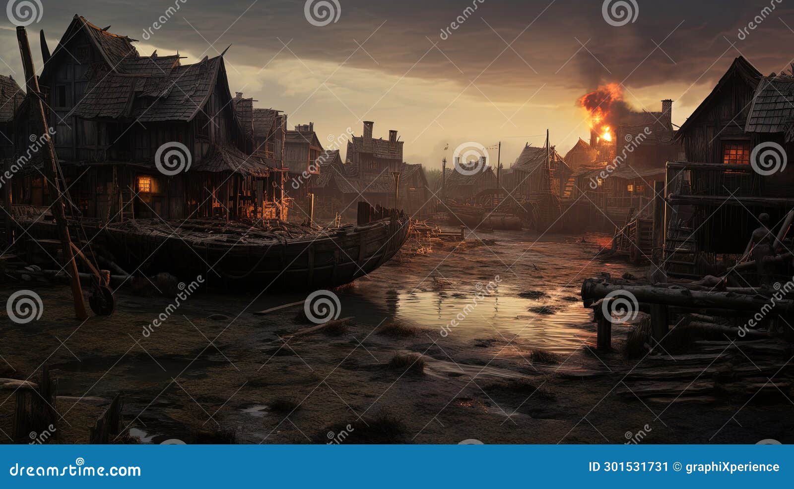 misty steampunk village sunset