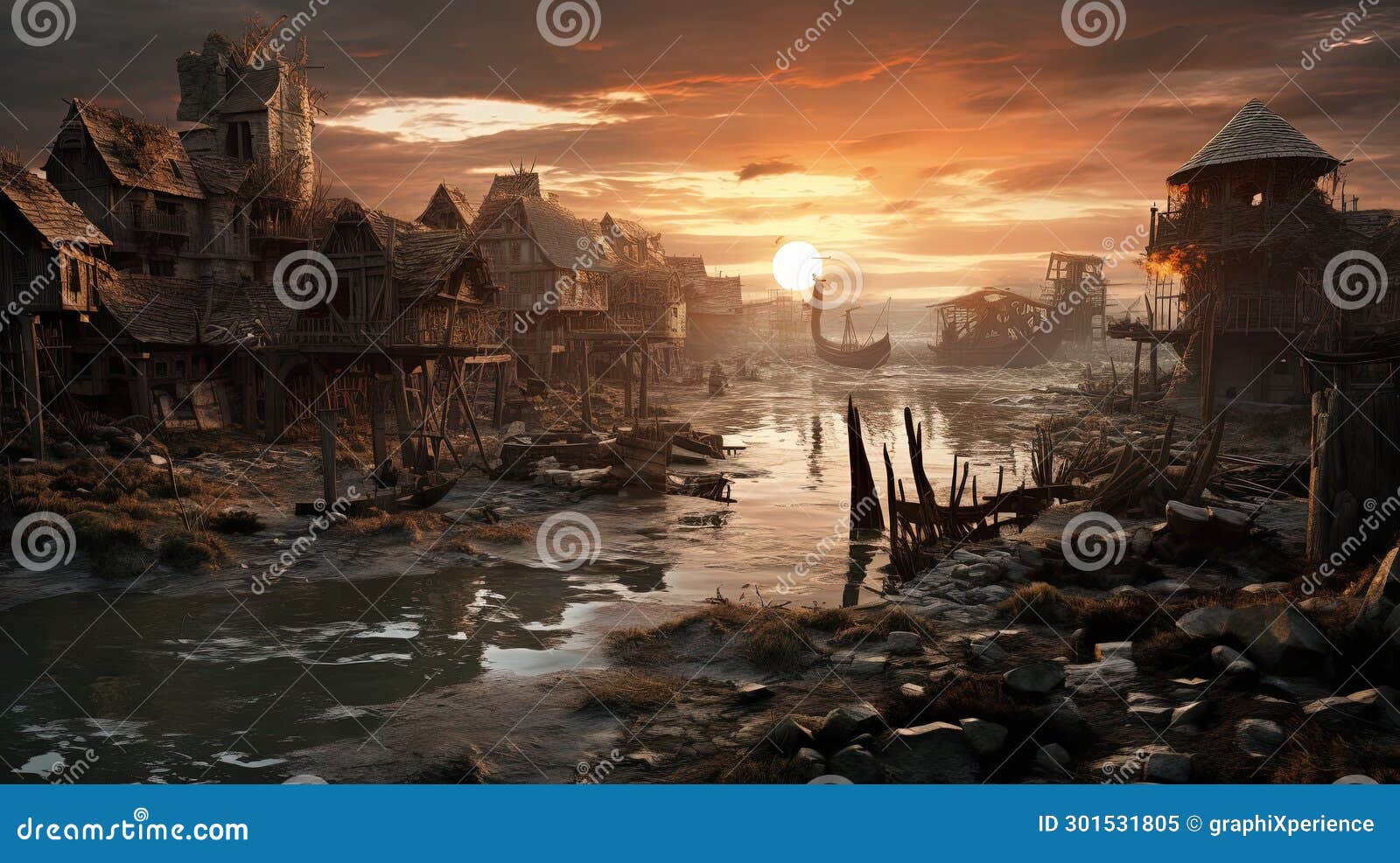 misty steampunk village sunset