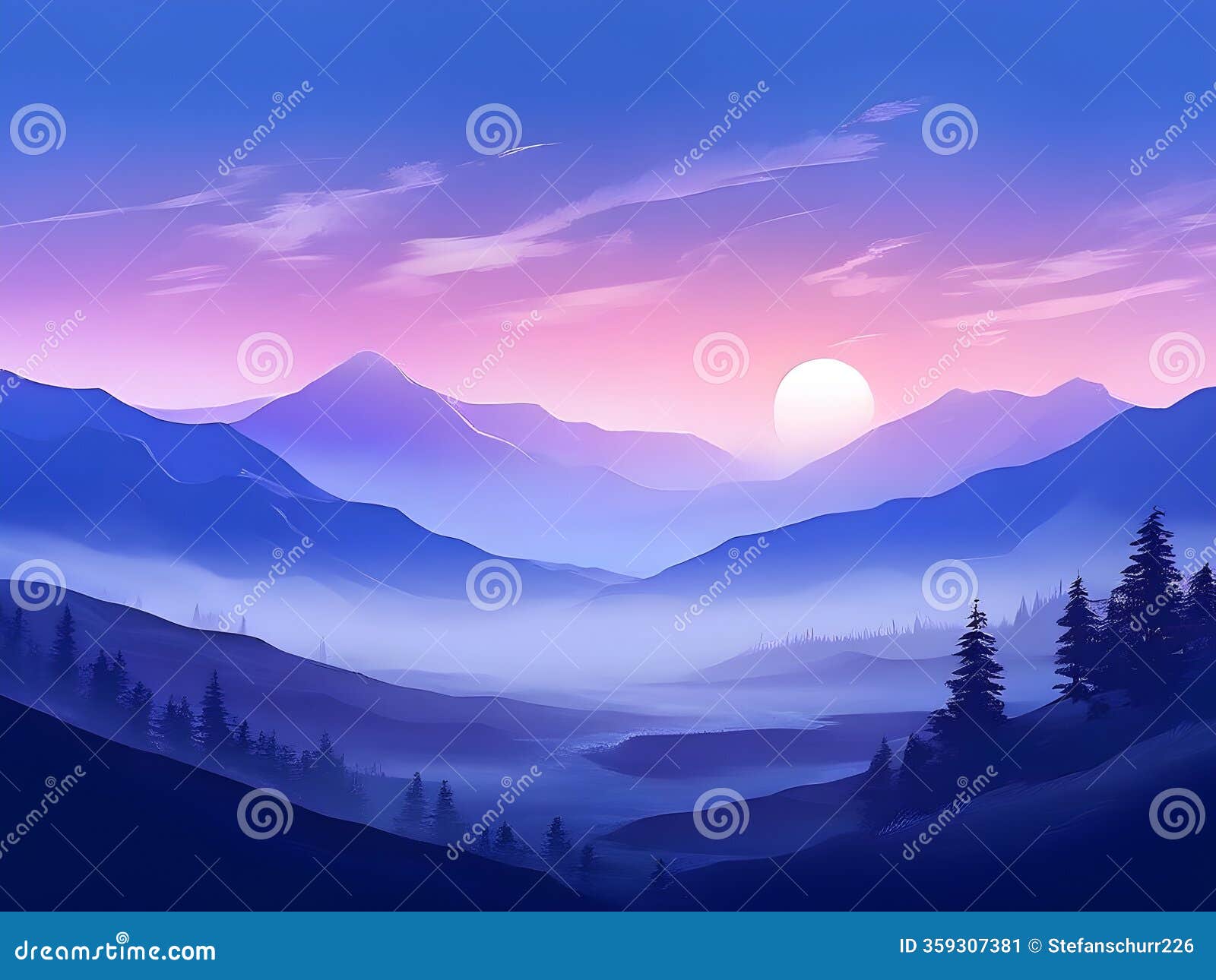 gentle fog rolling over minimalist mountain s, subtly changing colors from blue to lavender