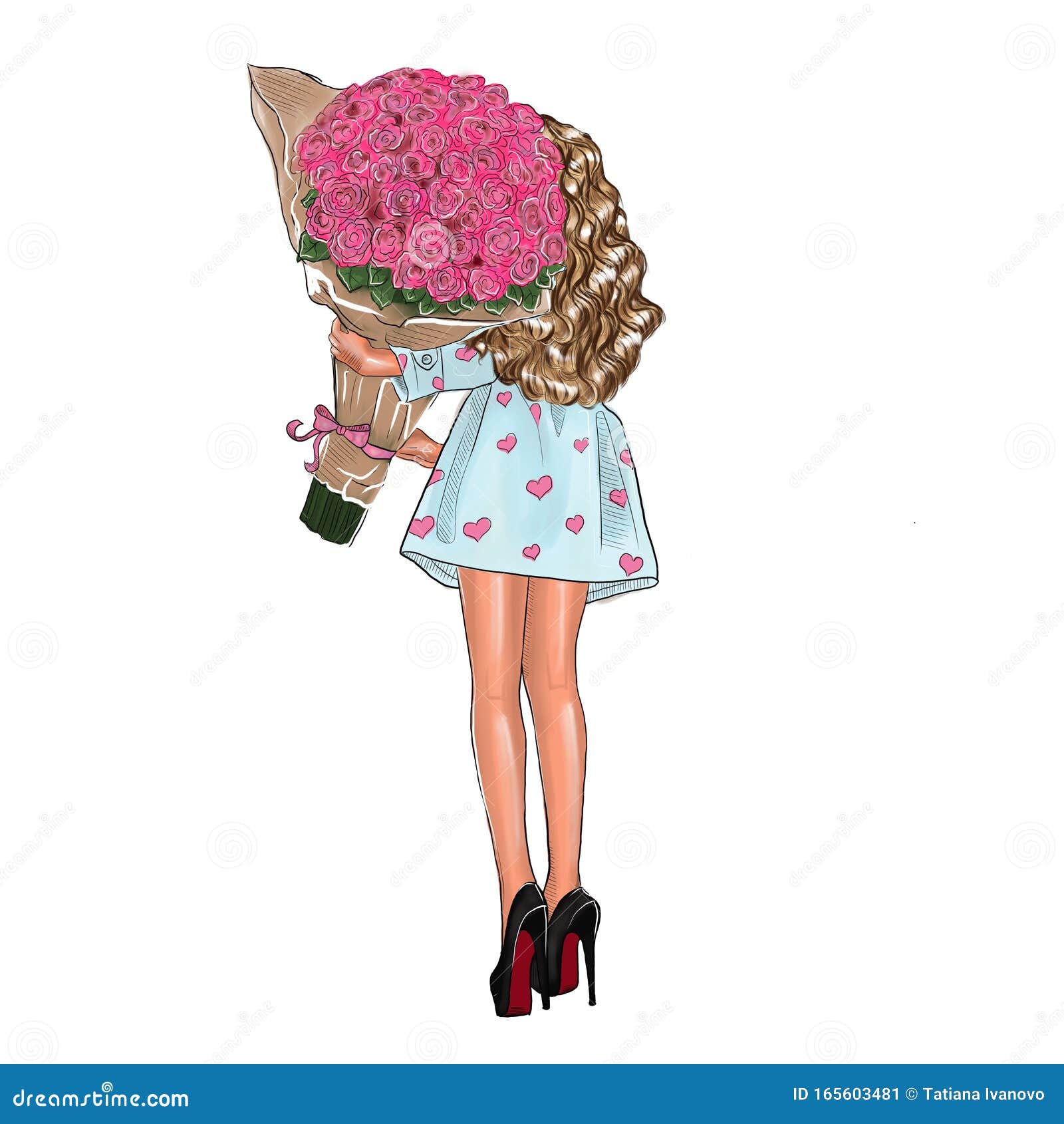 Illustration Of A Girl With A Bouquet Of Red Roses Stock Illustration Illustration Of Brown