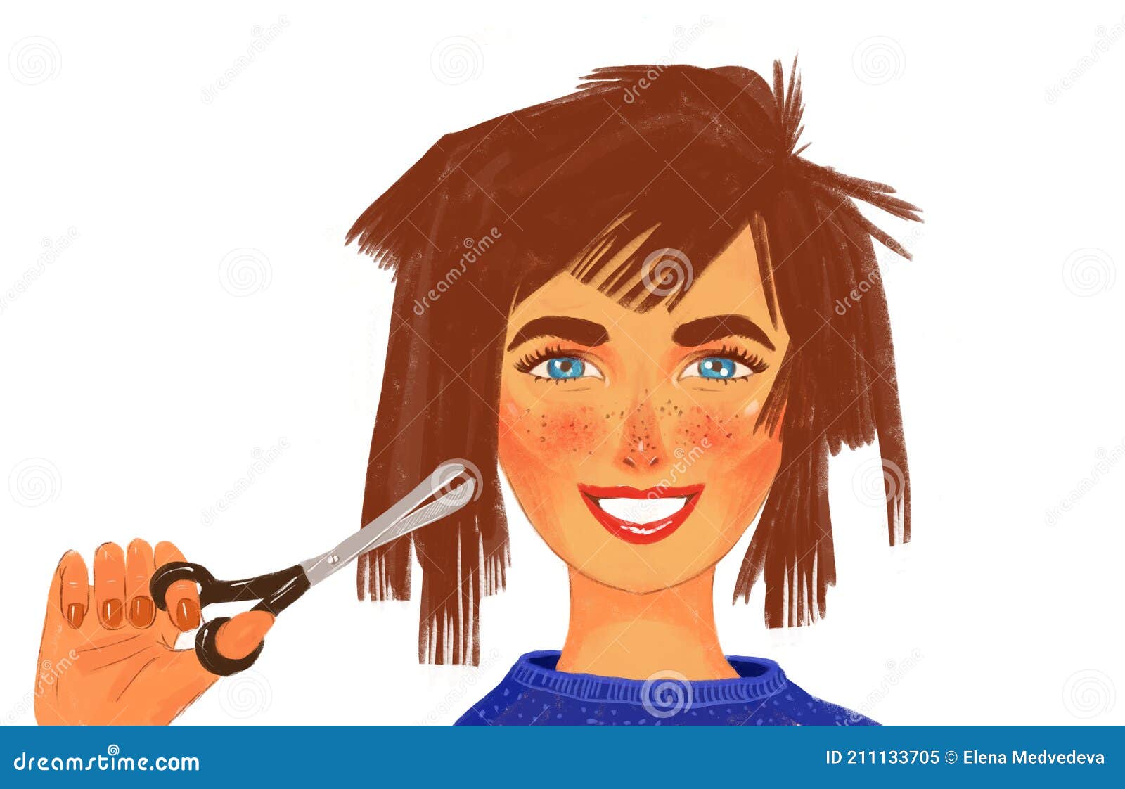 Illustration of a Girl Doing Her Own Haircuts. Funny Bad Haircut, Bad Try  Stock Illustration - Illustration of change, humorous: 211133705