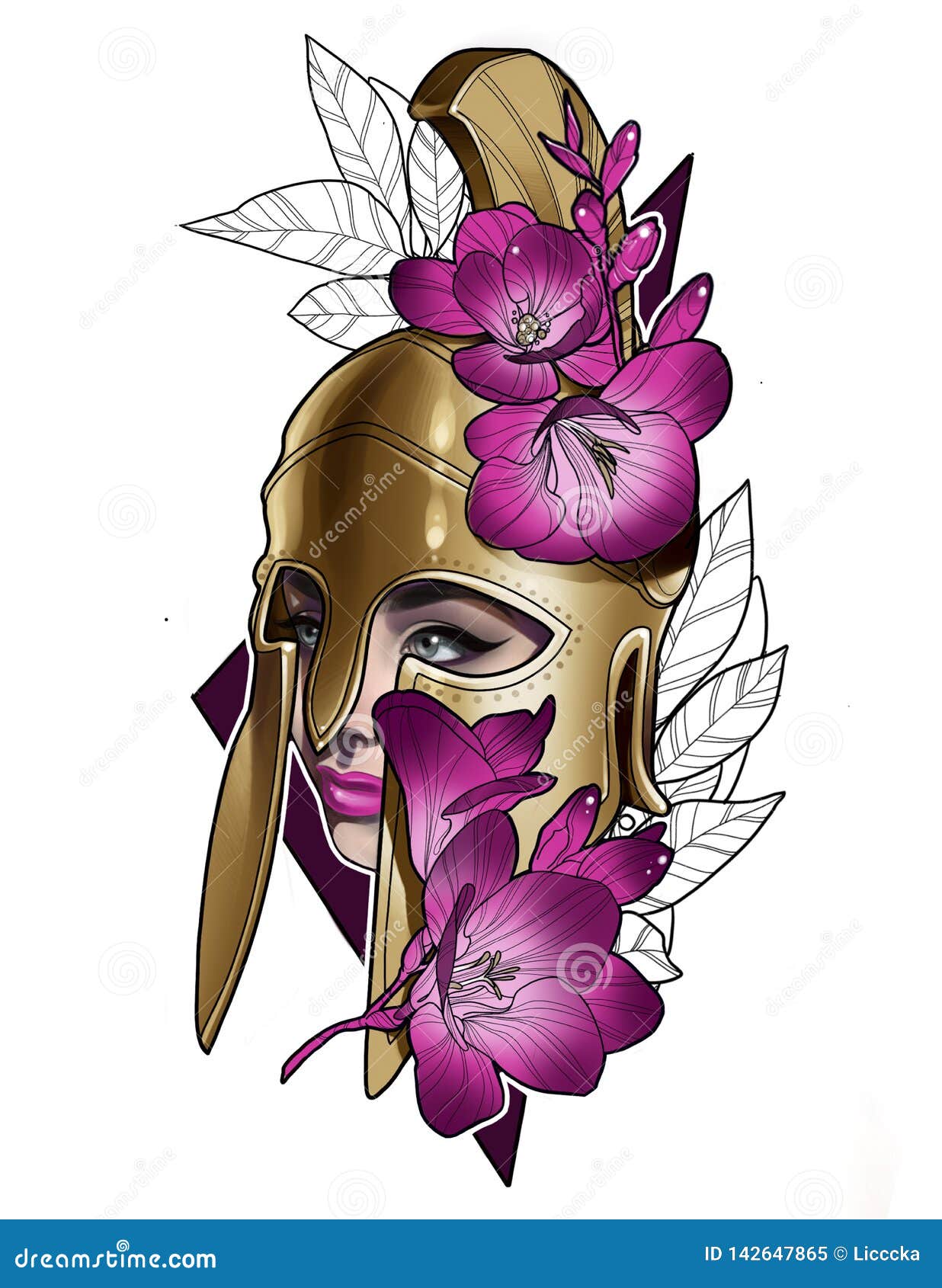 Illustration of a Girl Warrior Gladiator in a Helmet and with Flowers