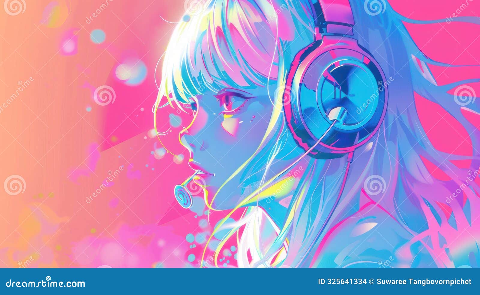 Illustration of a Girl with Headphones in the Lofi Style with a Purple ...