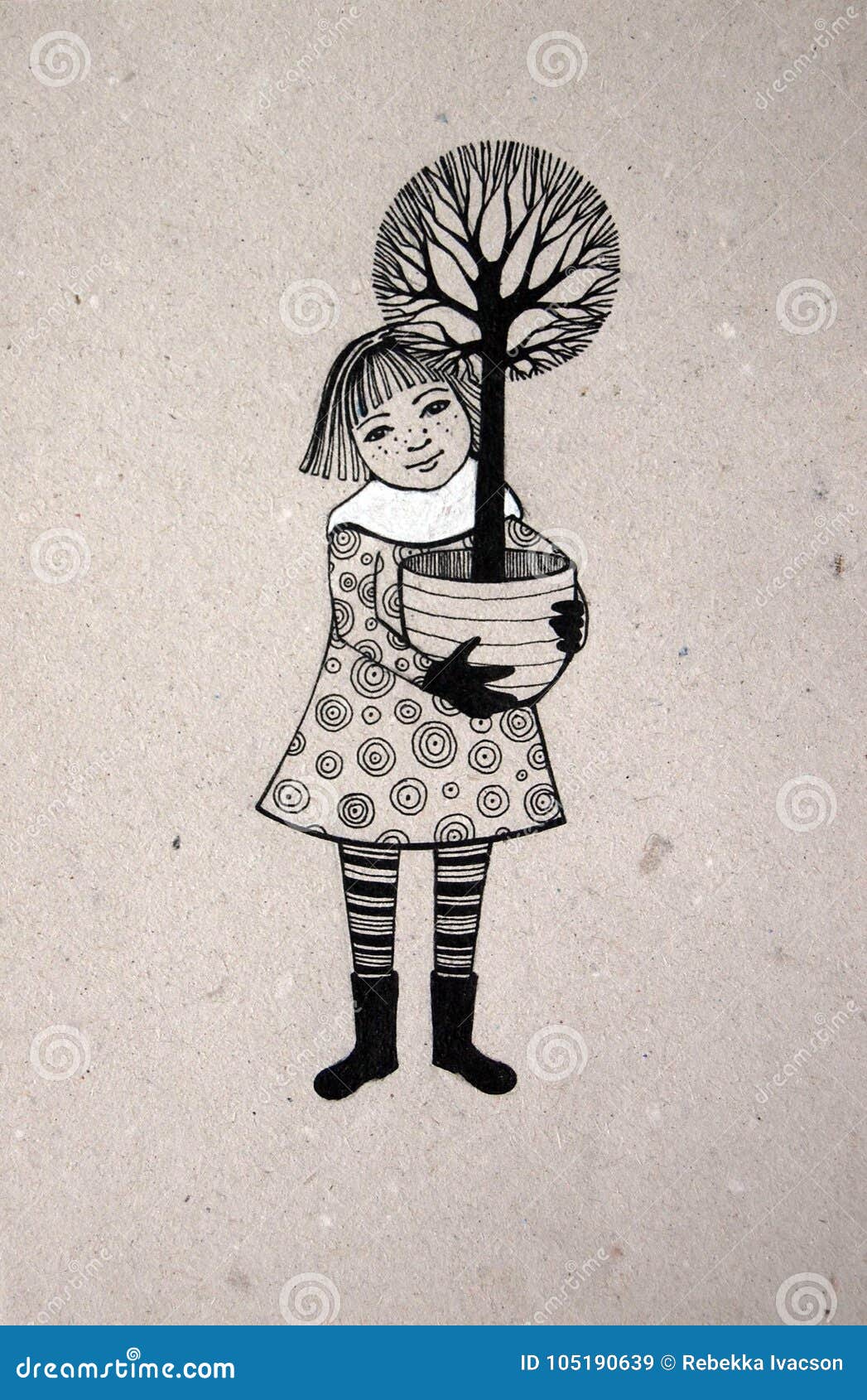 Illustration with Girl Holding Tree Black and White Stock Illustration ...