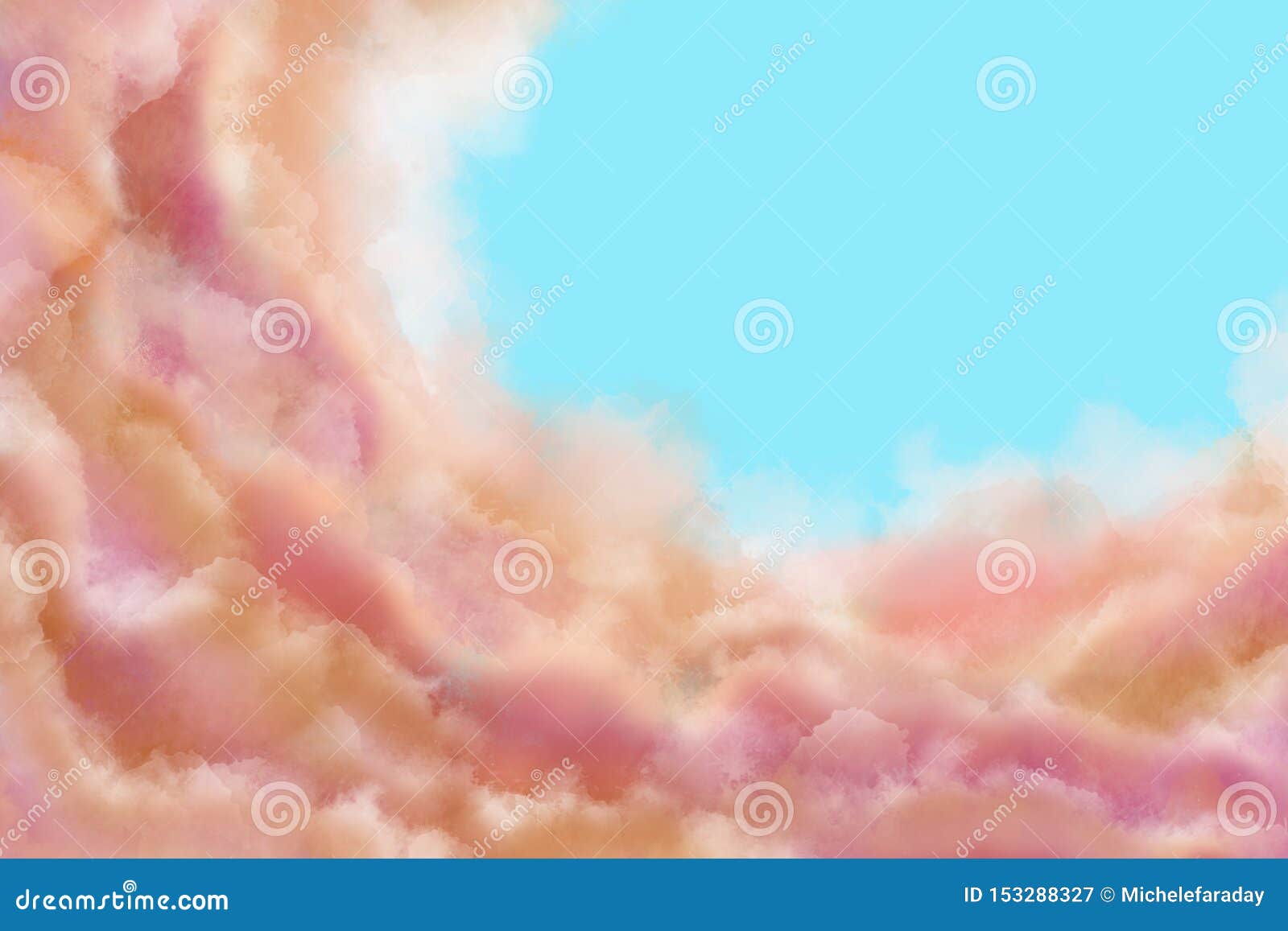 Illustration of golden and pastel clouds on a soft blue sky. Abstract backdrop. Watercolors paint