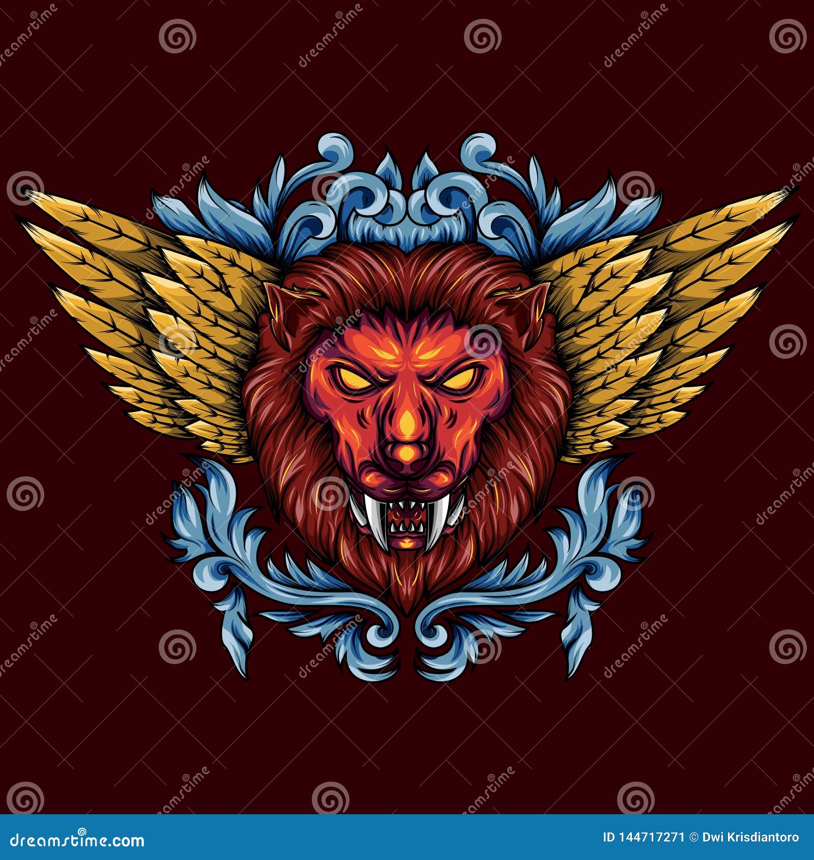 Illustration of a Golden Winged Mythical Lion Head. with Floral and ...