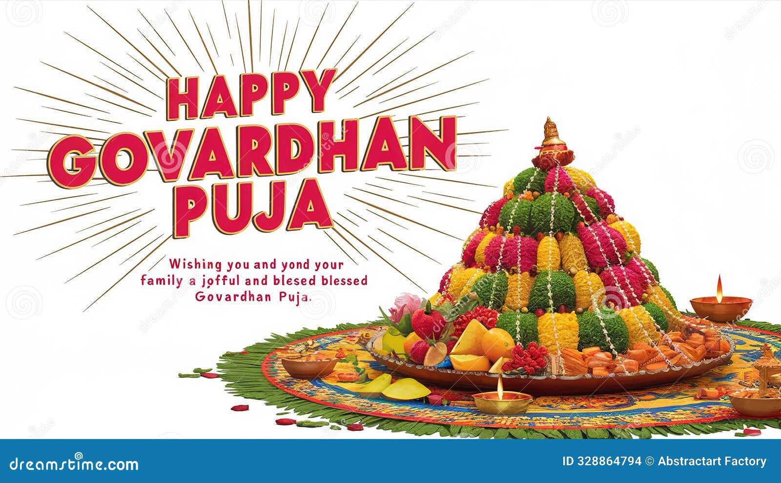  of goverdhan puja decorated with yellow flower and etc on white background. generative ai