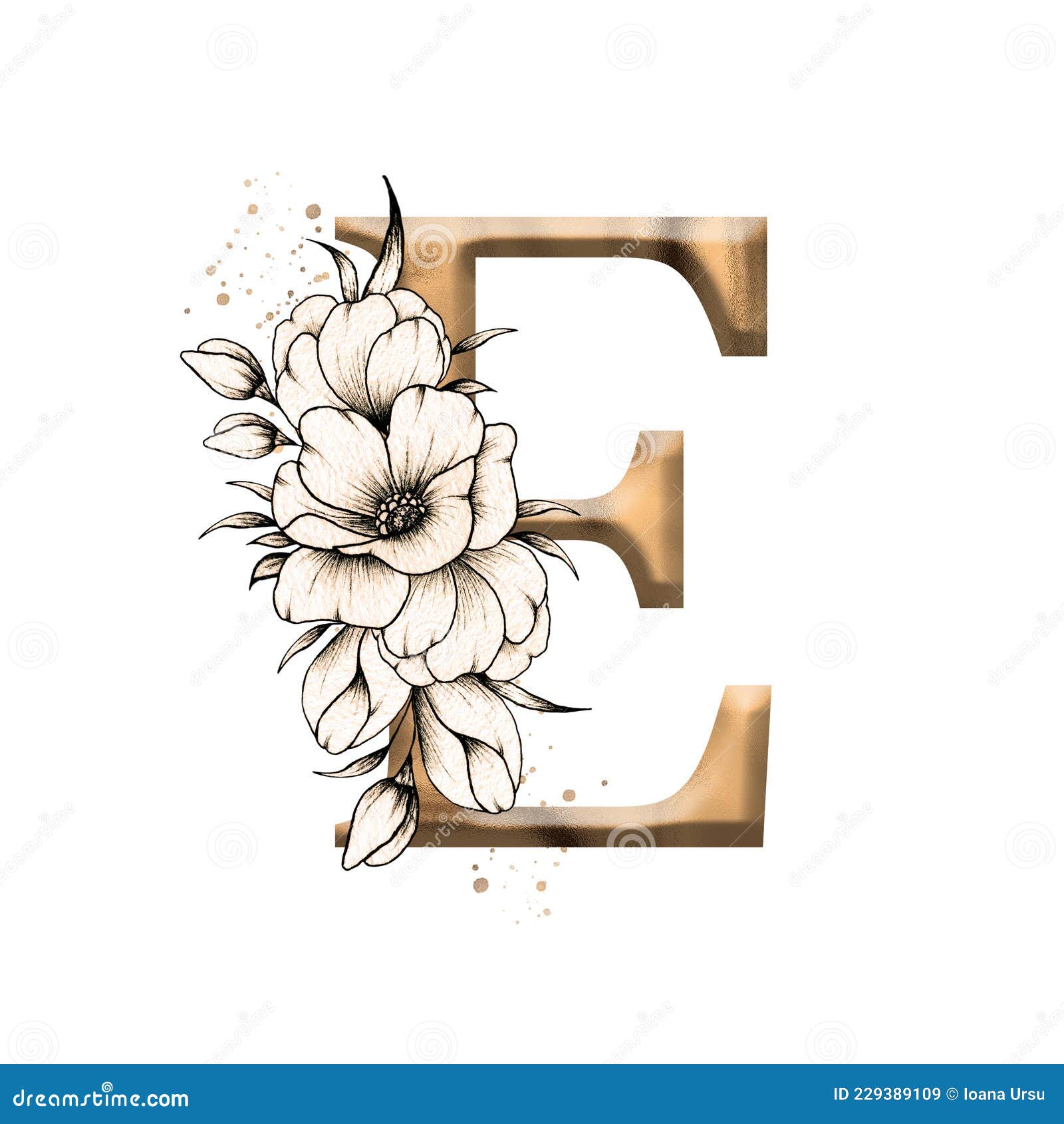 Graphic Floral Alphabet, Gold Letter E with Vintage Flowers Bouquet  Composition, Unique Monogram Initial Perfect for Wedding Stock Image -  Illustration of graphic, greeting: 229389109