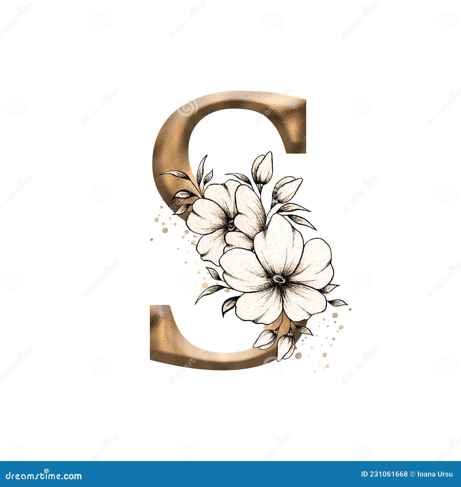 Graphic Floral Alphabet, Gold Letter S with Vintage Flowers Bouquet  Composition, Unique Monogram Initial Perfect for Wedding Stock Illustration  - Illustration of font, celebration: 231061668