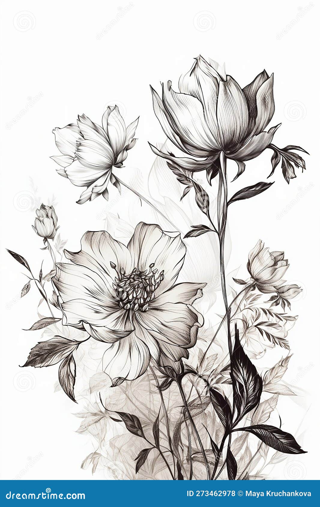Illustration of Hand Draw Wildflower on White Background Stock Photo
