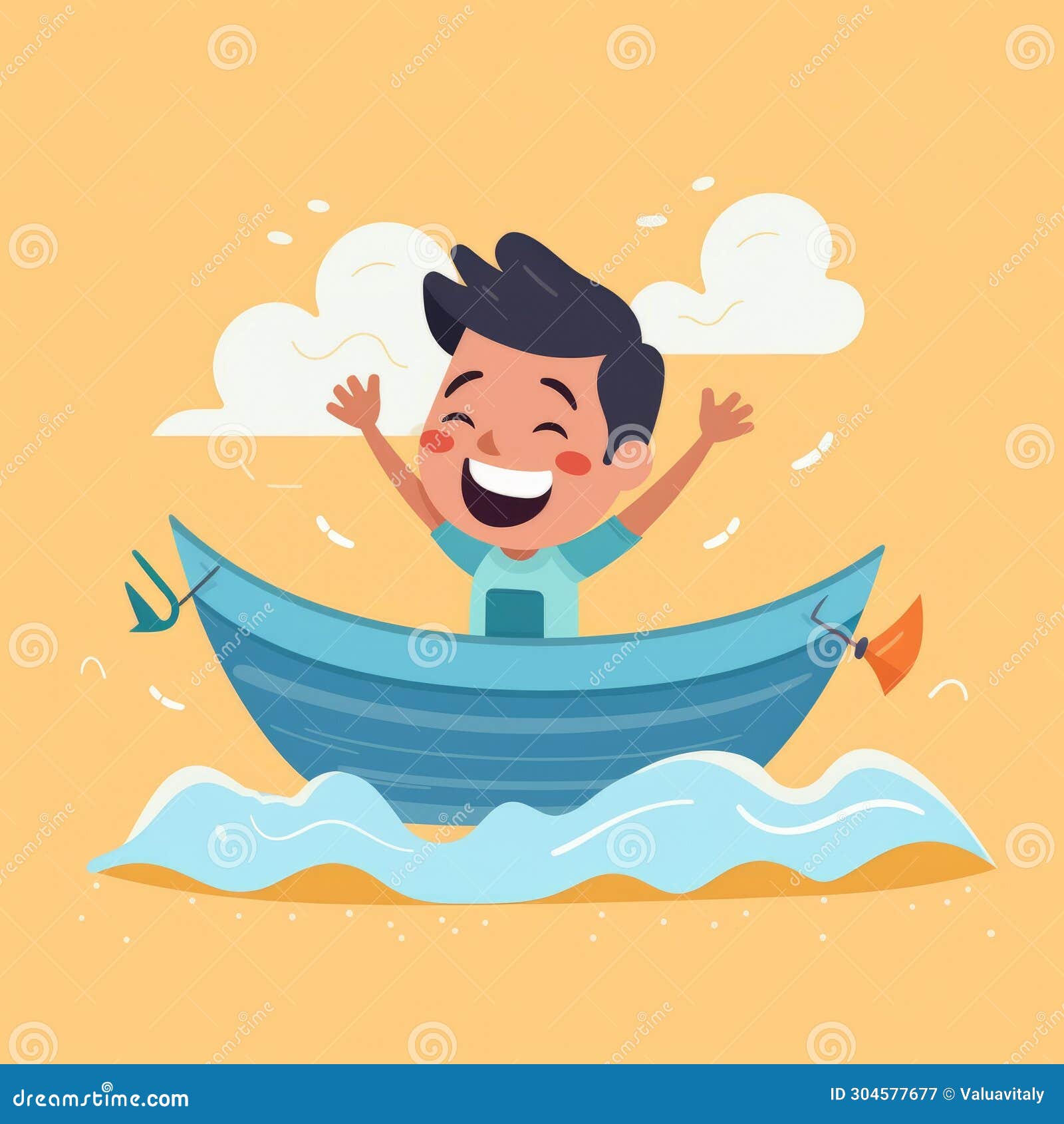 Illustration of a Happy Boy Sitting in a Boat. Simple Vector Art