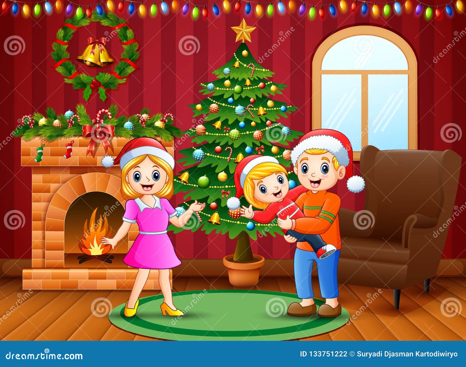 Premium Vector | Happy family decorates christmas tree in living room.  mother, father, daughter and son decorating christmas tree, vector  illustration
