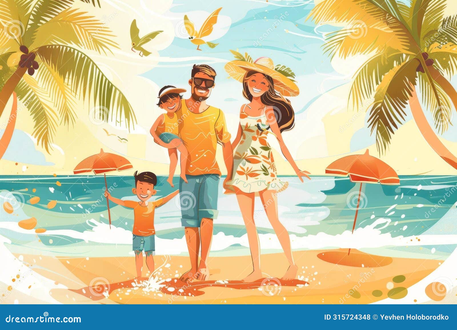  of happy family sitting together on the beach, captured in vibrant printmaking artistry