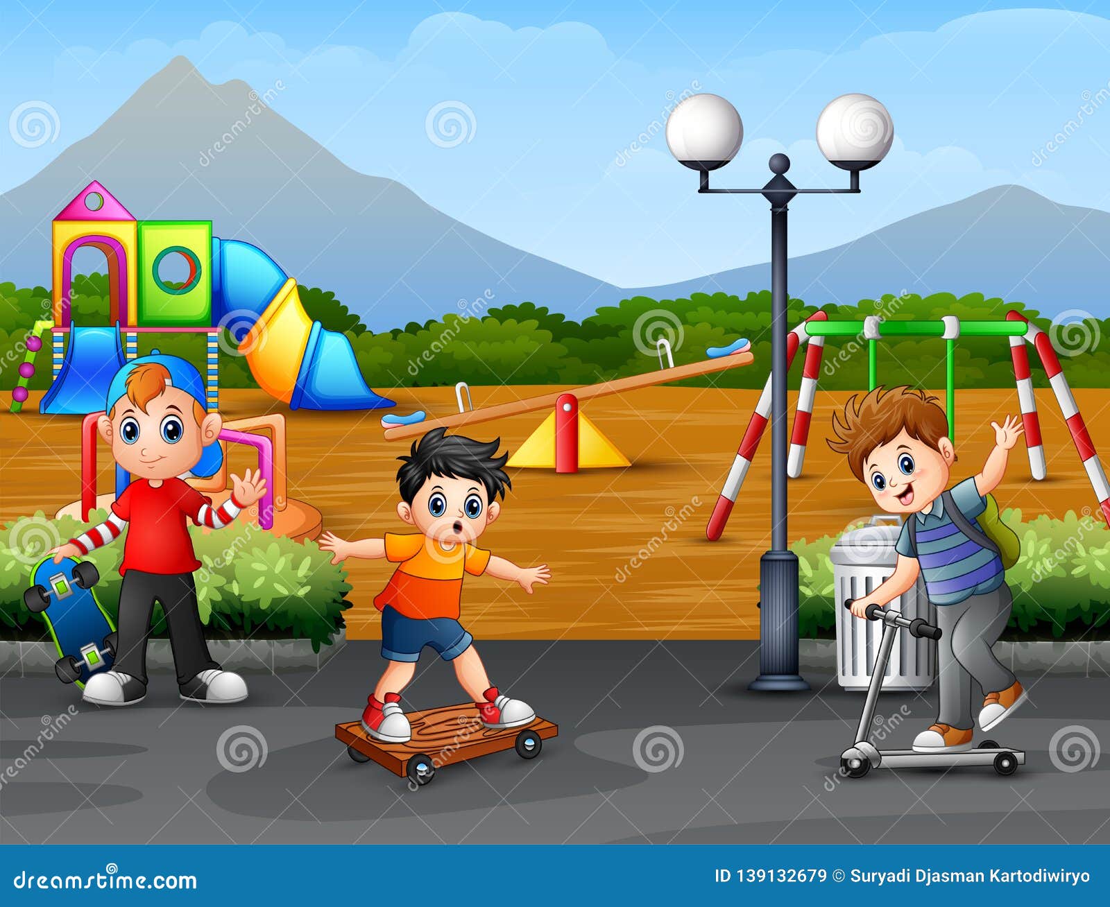 Happy Kids Playing in the Park City Stock Vector - Illustration of ...