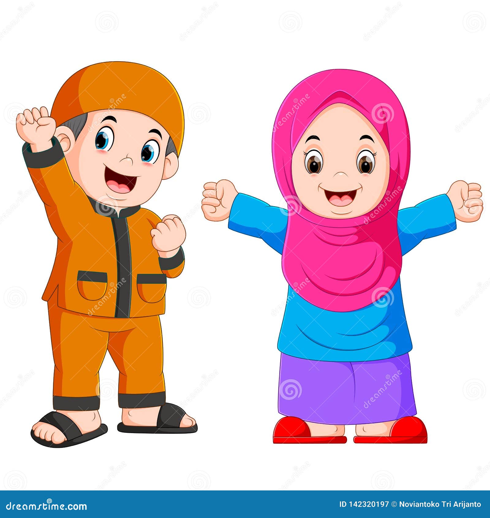 happy moslem kid cartoon  on white background