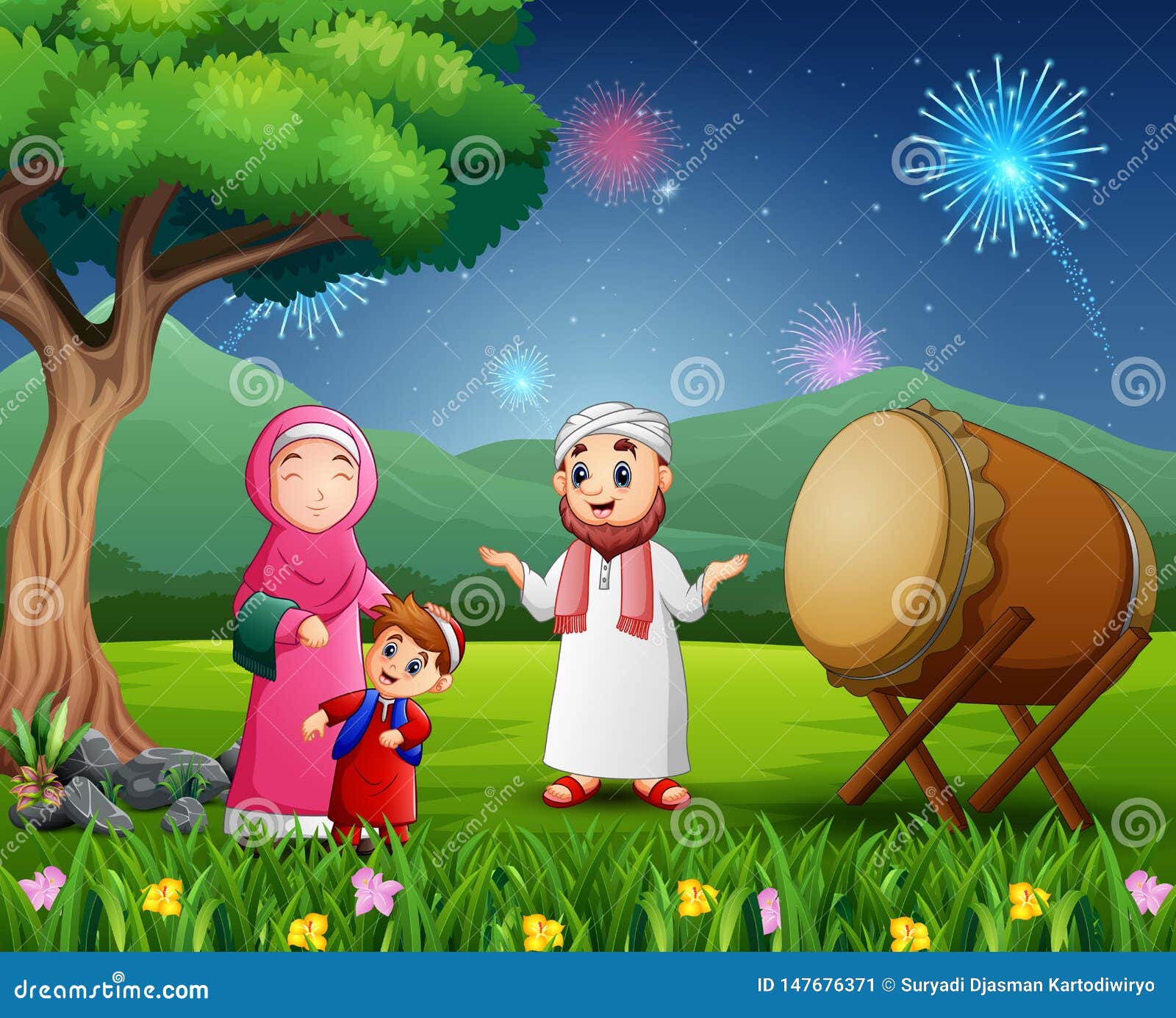 Happy Muslim Family Celebrating Eid Festival on Nature View Stock Vector -  Illustration of holy, celebrate: 147676371