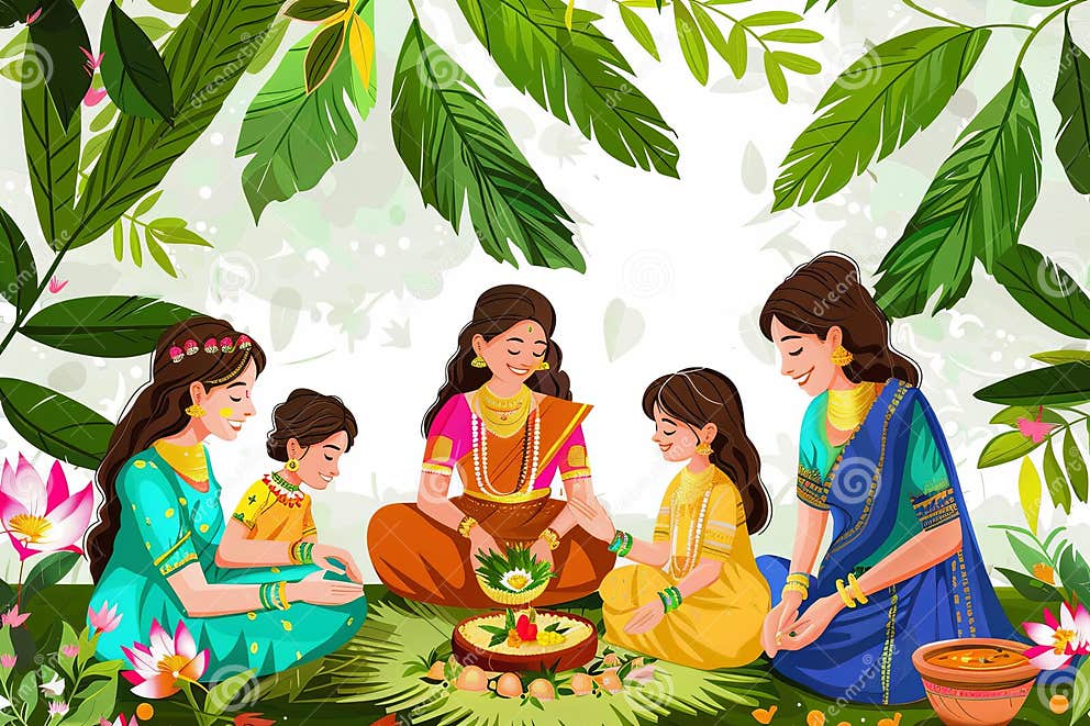 Illustration of Happy People Celebrating Ugadi Festival, New Year& X27