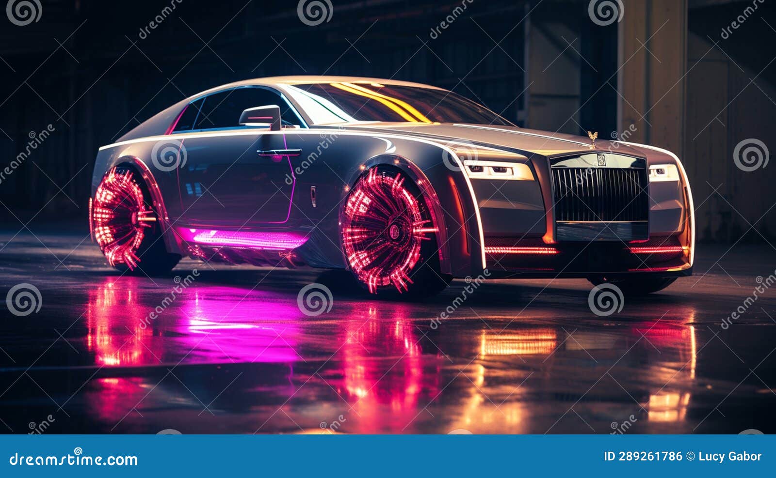 an  of a illuminated futuristic rolls royce, viewed from the front