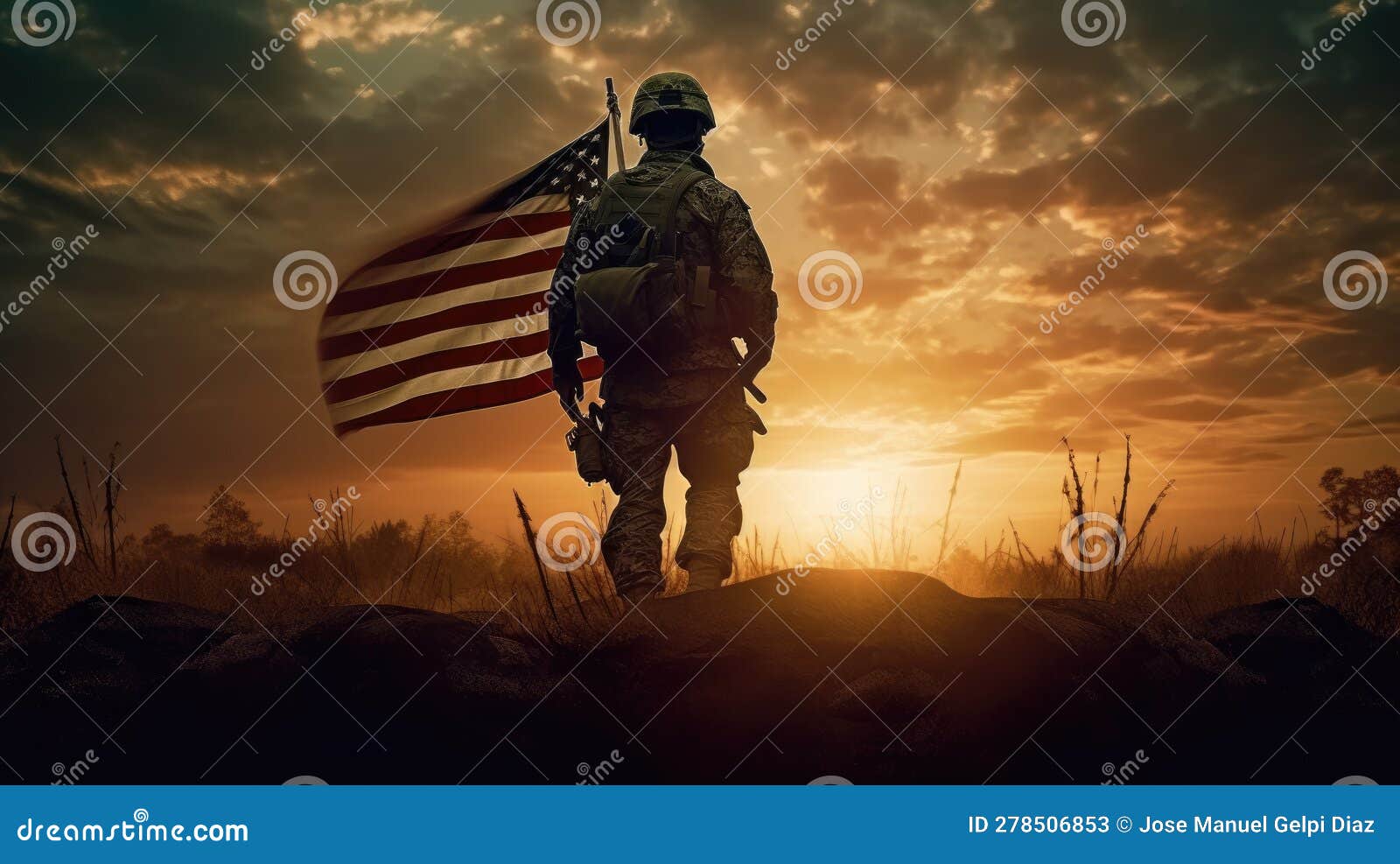  for independence day of the united states, july 4th - soldier with american flag under a beautiful sun. generative ai
