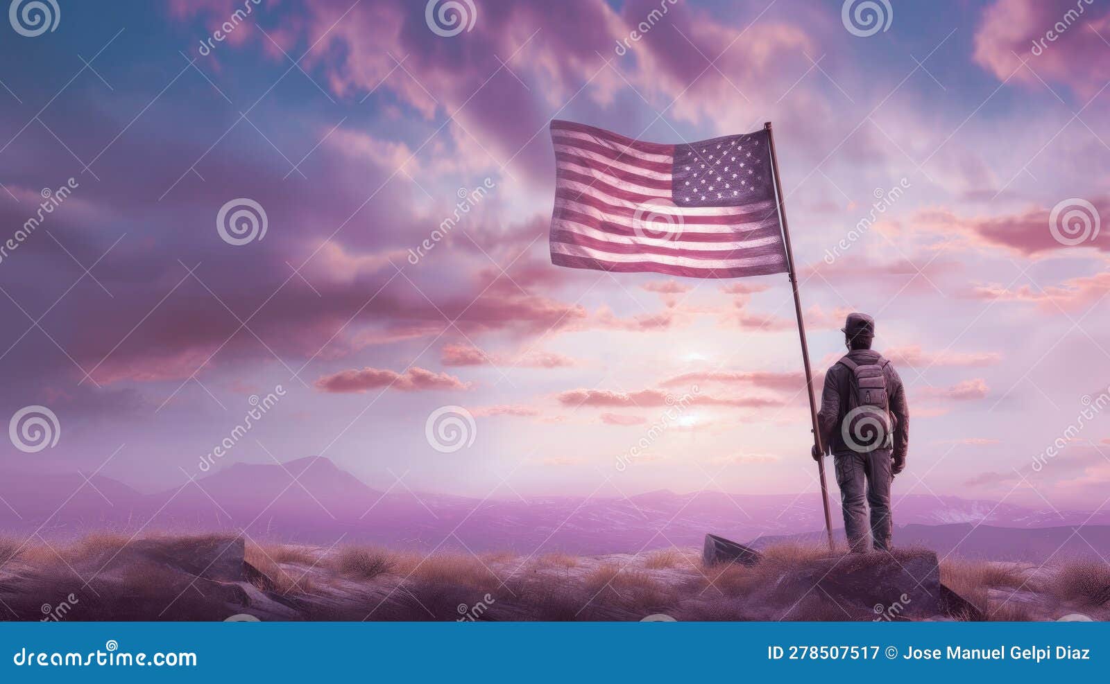  for independence day of the united states, july 4th - soldier with american flag under a beautiful sun. generative ai