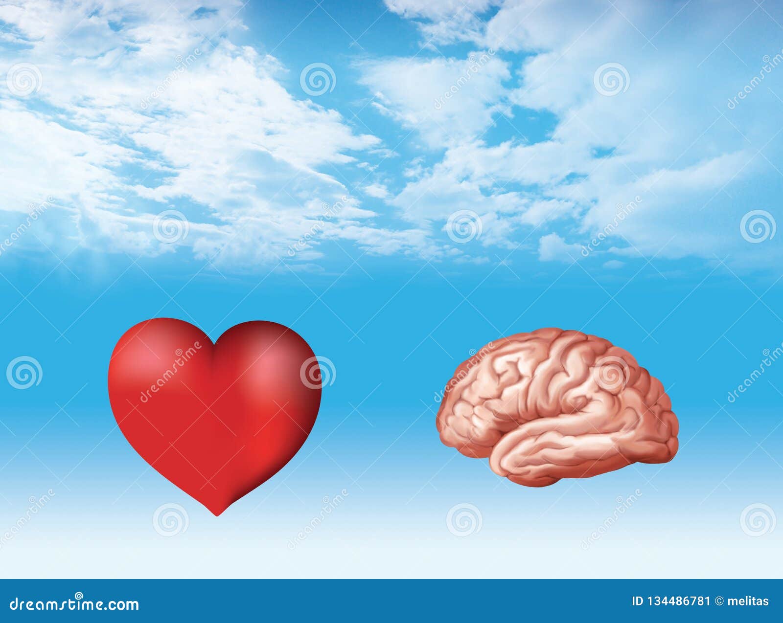  with  3d brain and 3d heart on nubes background