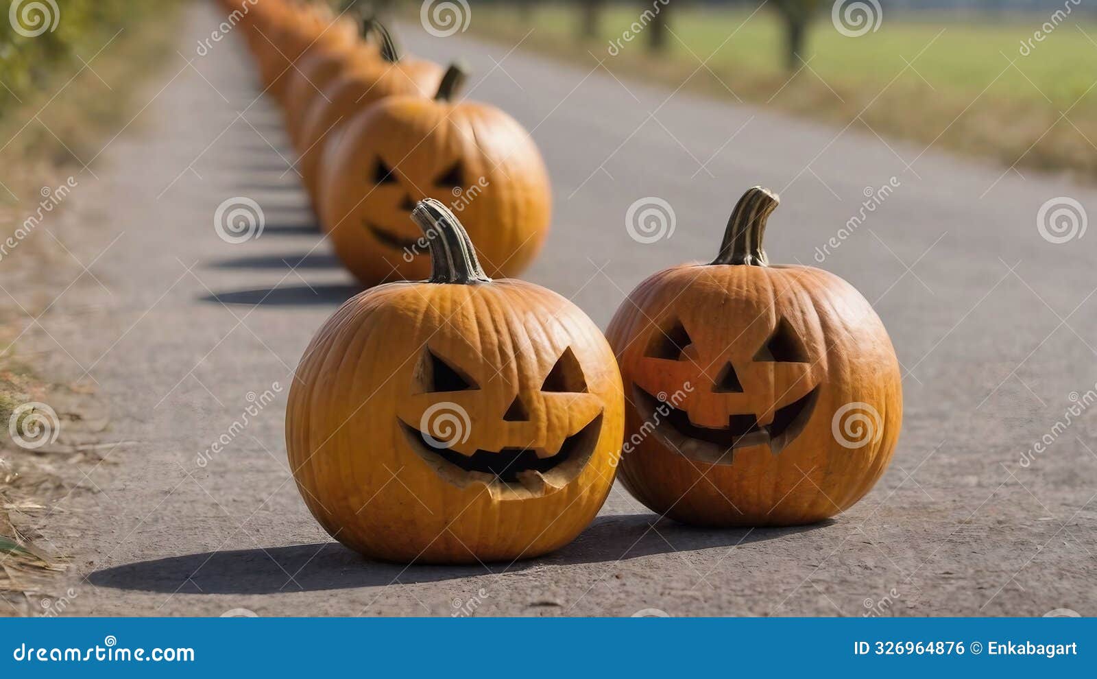 jack-o-lanterns on road