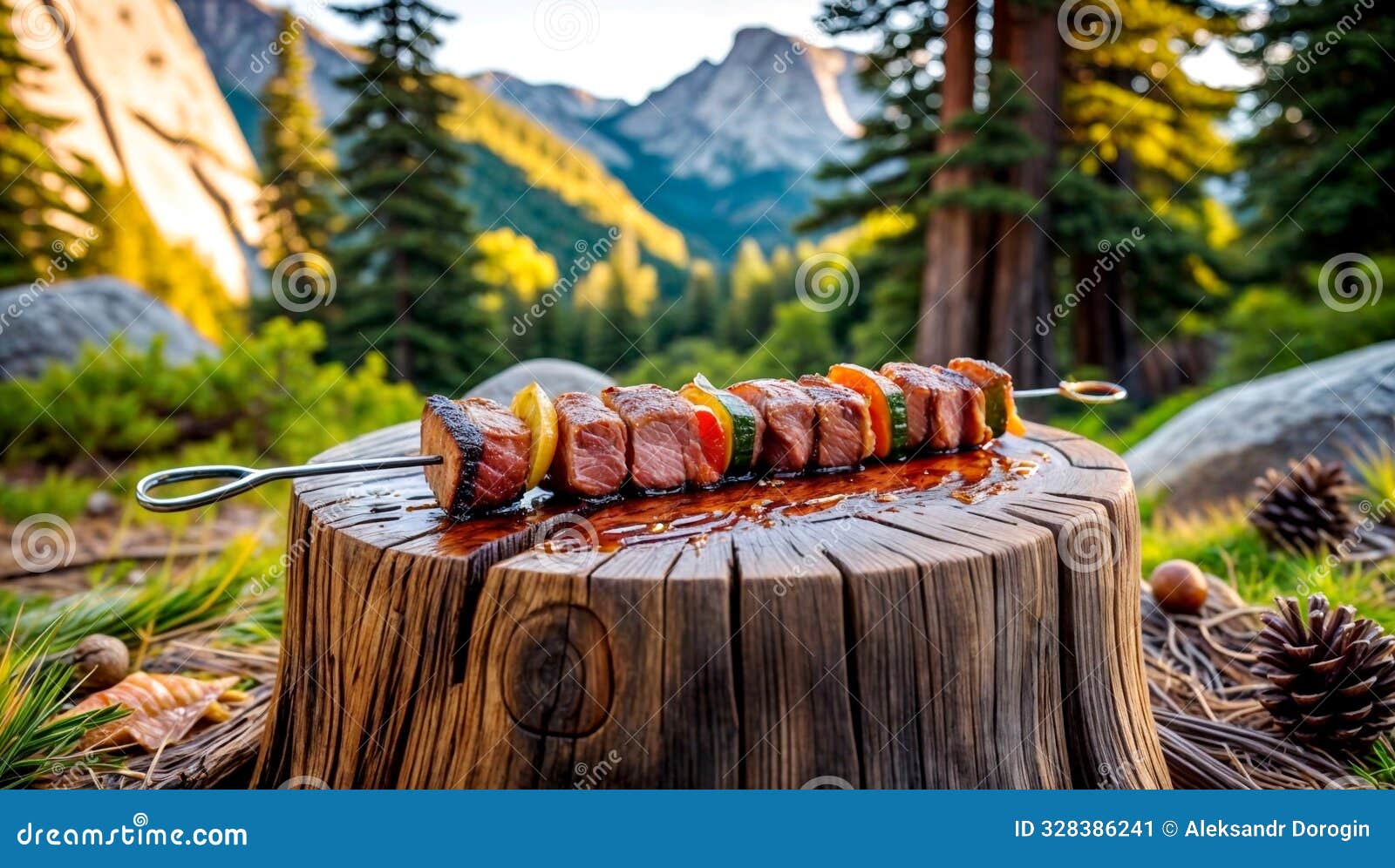  of a juicy kebab with sizzling meat and colorful peppers illuminated by soft golden light