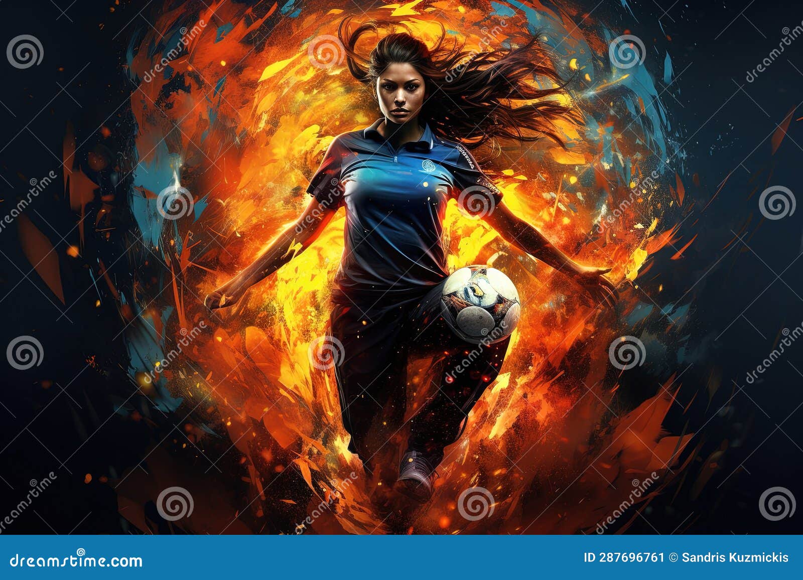 Illustration with a Jumping Female Football Player and Vibrant Paint ...