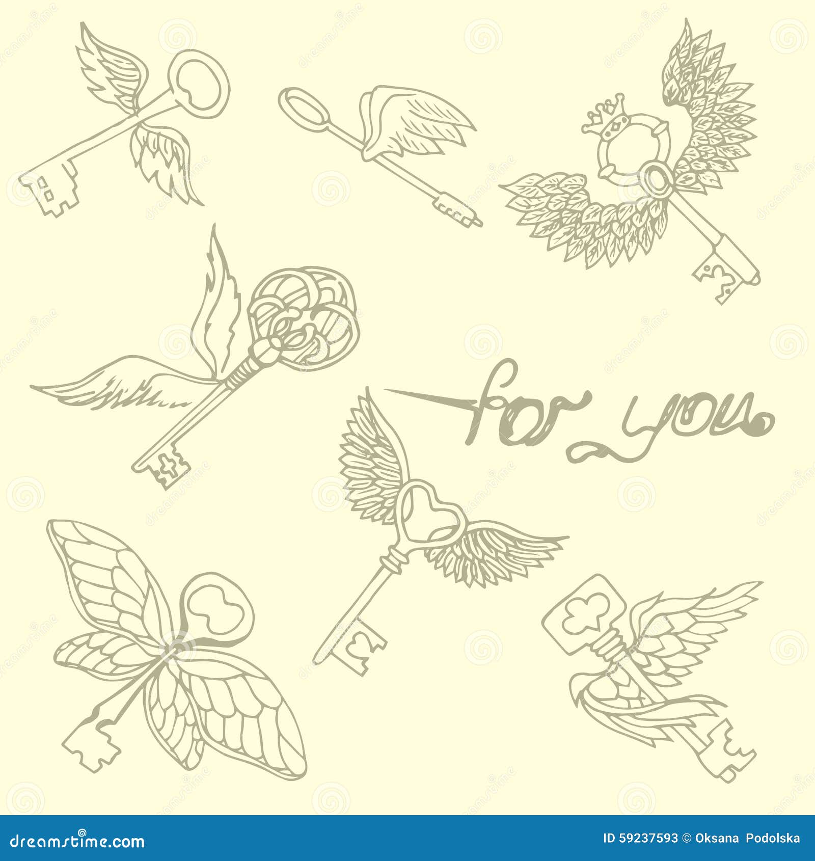 Illustration of the Key with Wings. Flying Keys. Pattern. Stock Vector