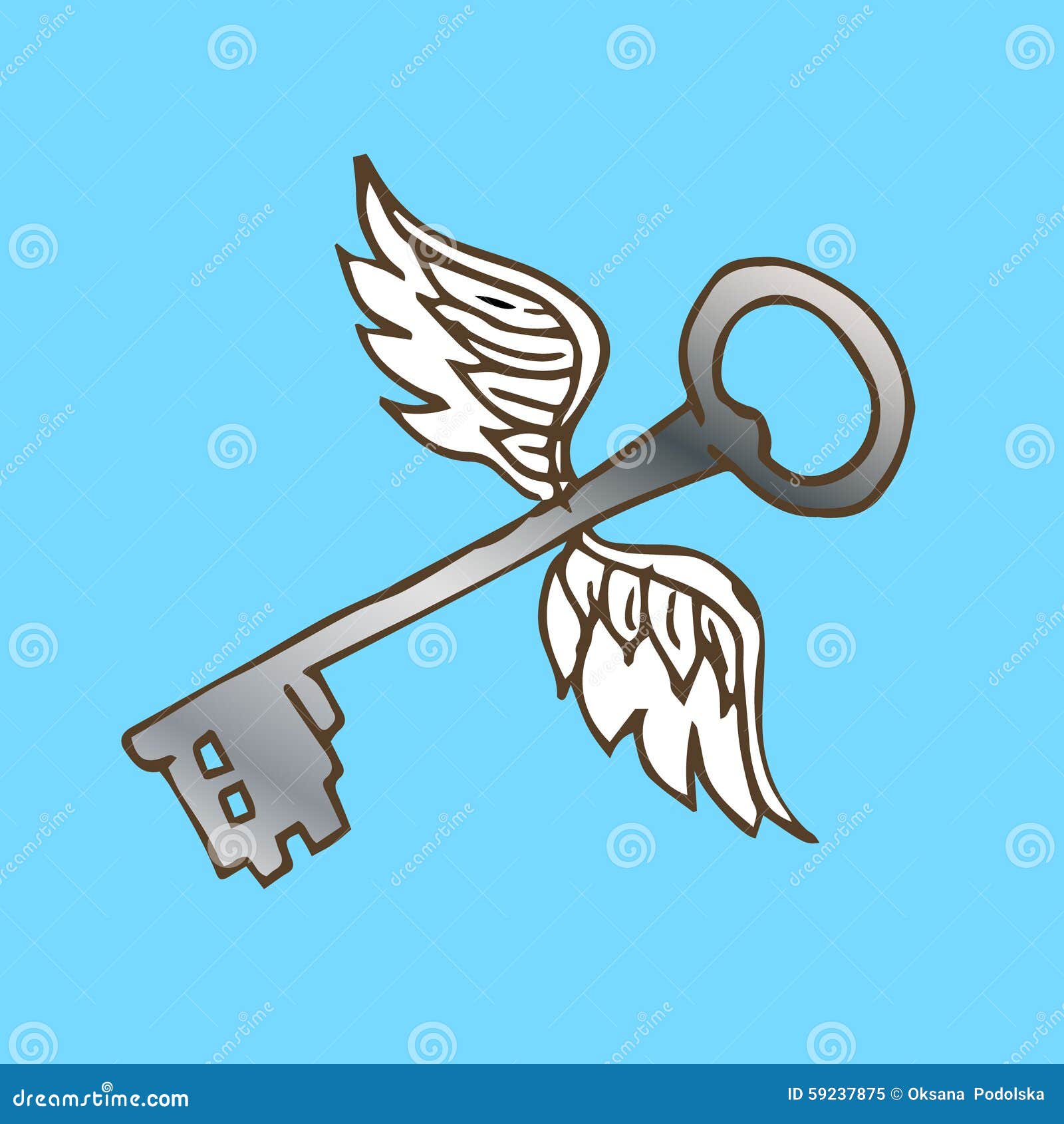 Illustration of the Key with Wings. Silver Key with Flying Angel Wings