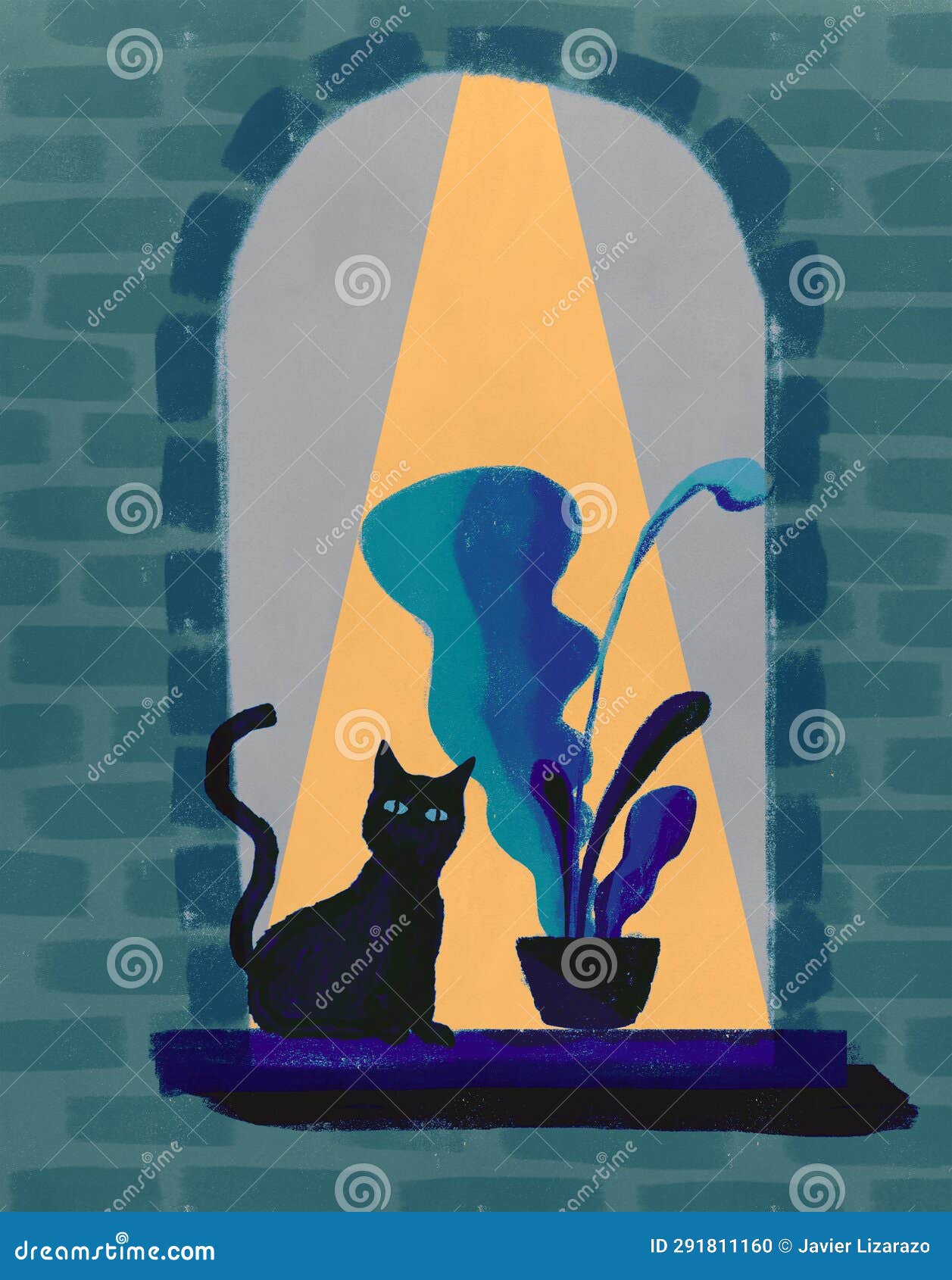  of kitten in an arched window next to a plant - ilustraciÃÂ³n de gatito en una ventana de arco al lado de una planta