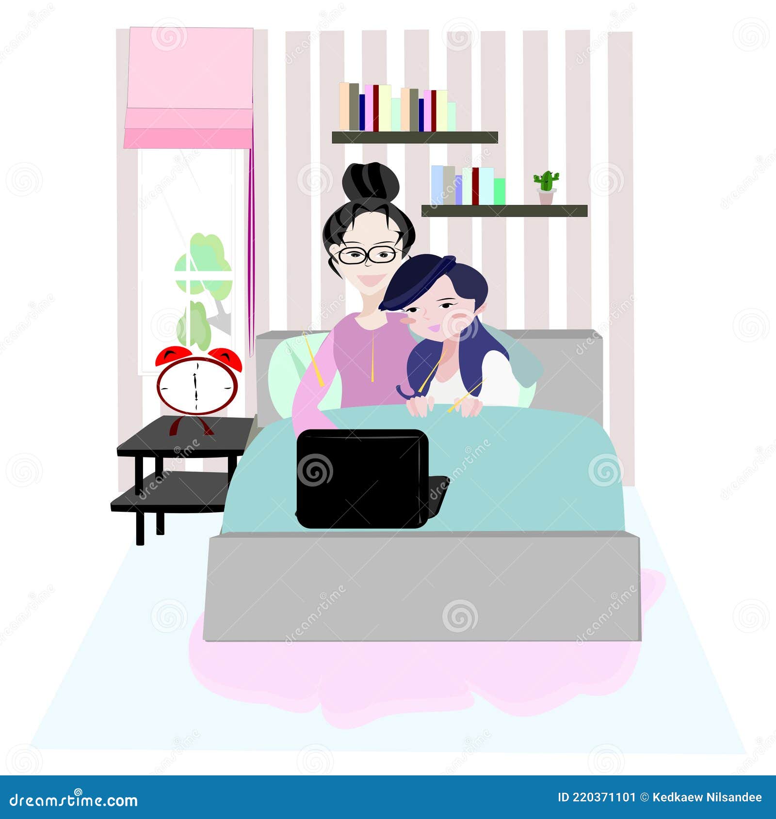 Illustration Lesbian Couple Lying on the Bed and Using a Laptop image