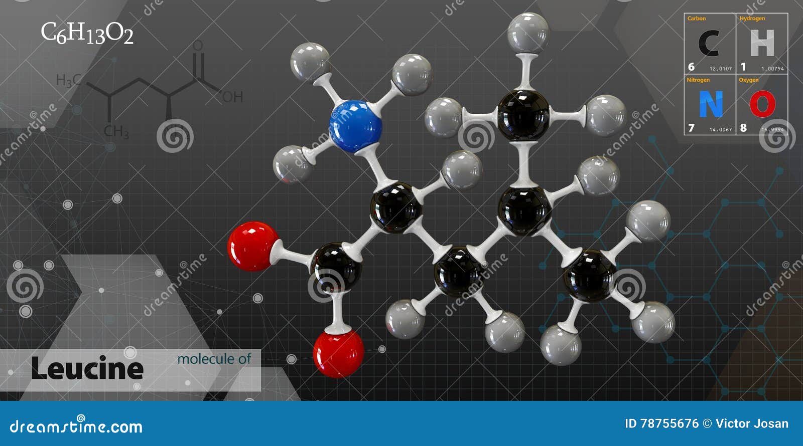  of leucine molecule  dark background