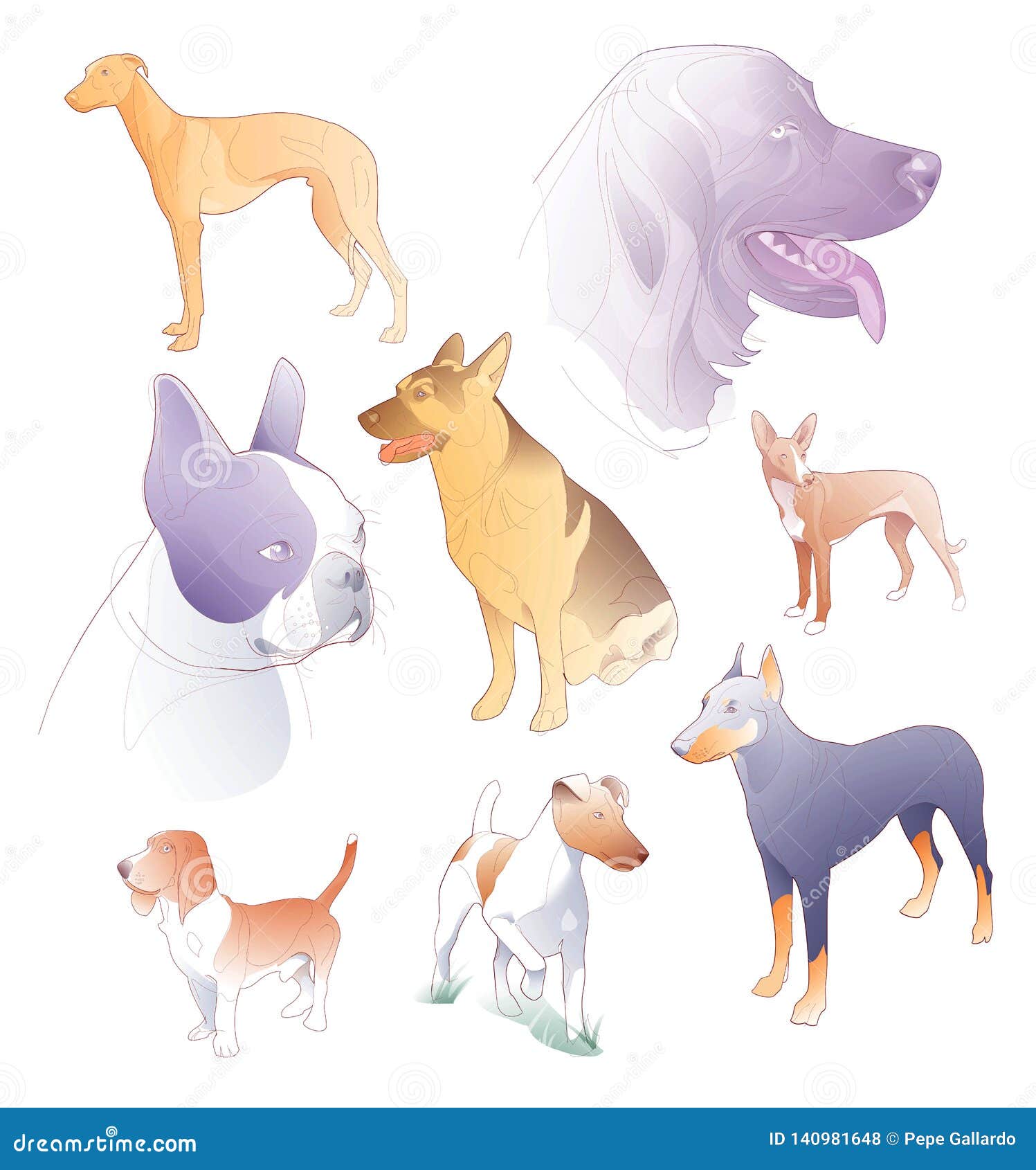  of line and spot colors of various breeds of dogs