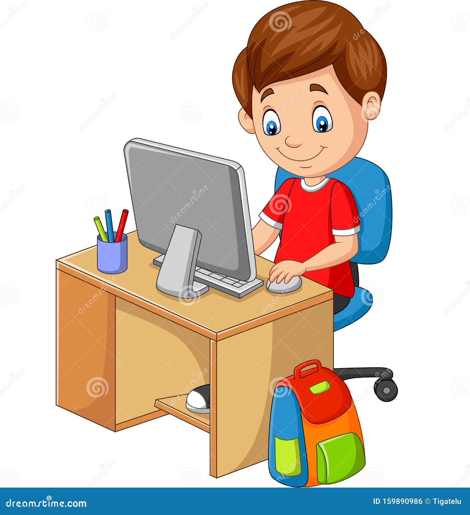 Clipart Computer Teacher Supervising A School Boy - Royalty Free