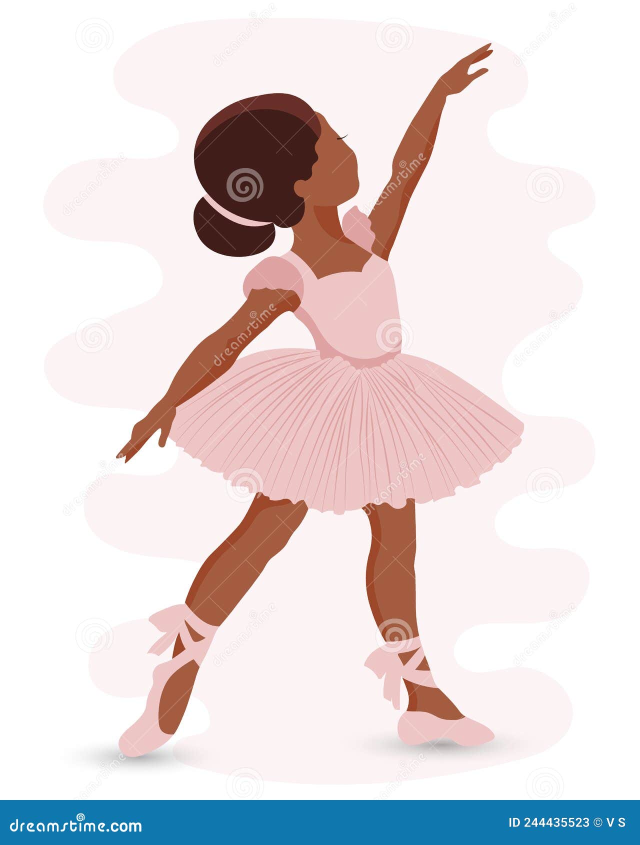 Illustration, a little girl ballerina in a pink dress and pointe shoes with ribbons. The girl is dancing. Print, clip art, vector