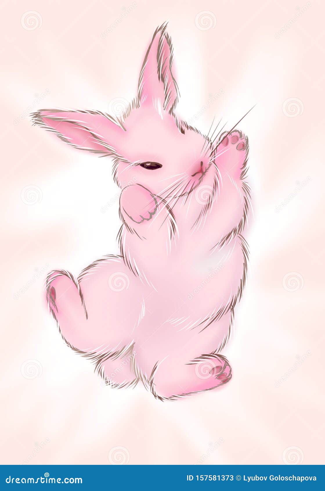 Illustration of a Little Pink Bunny Raised His Paws Up Stock