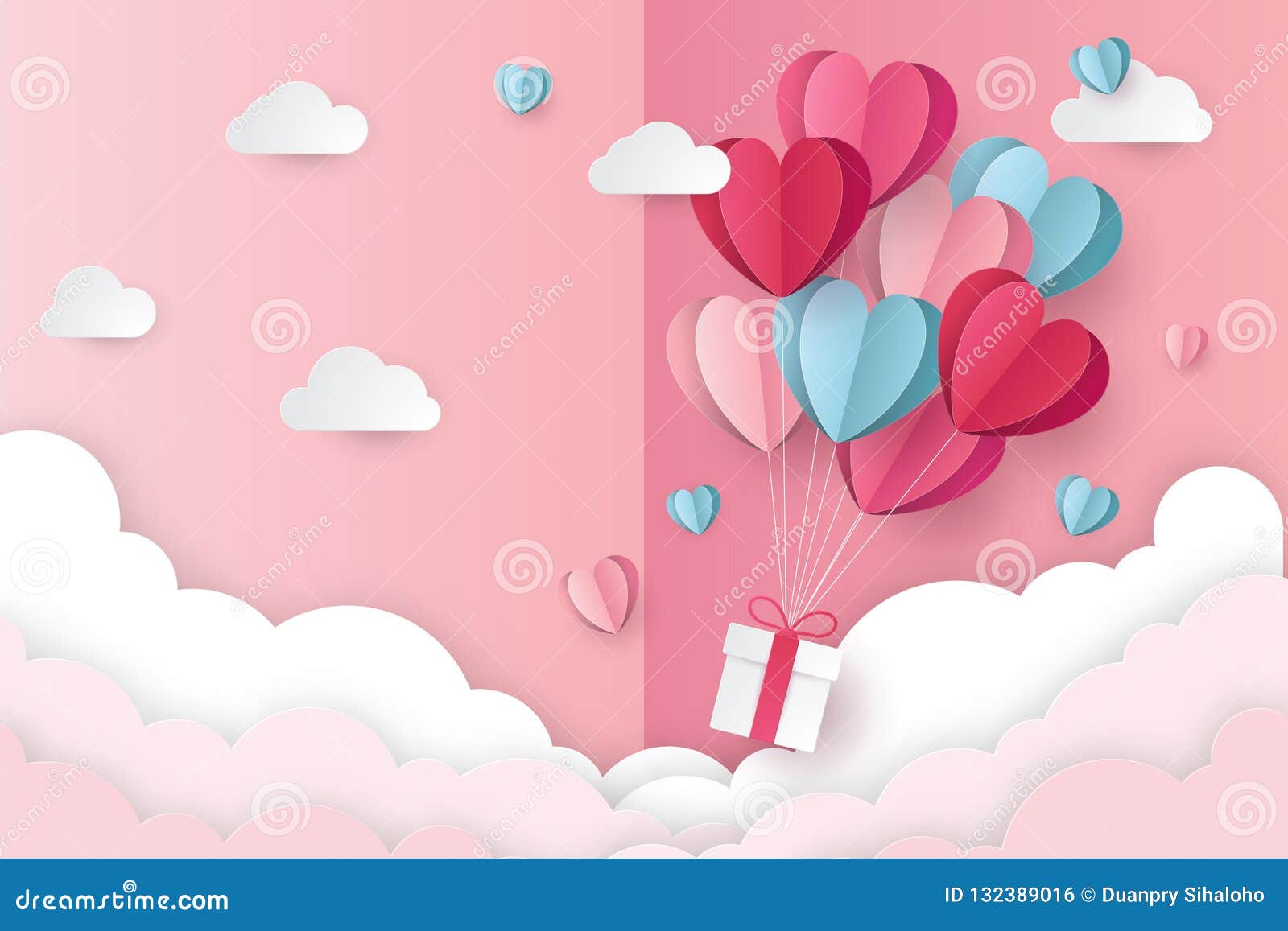  of love and valentine day with heart baloon, gift and clouds.