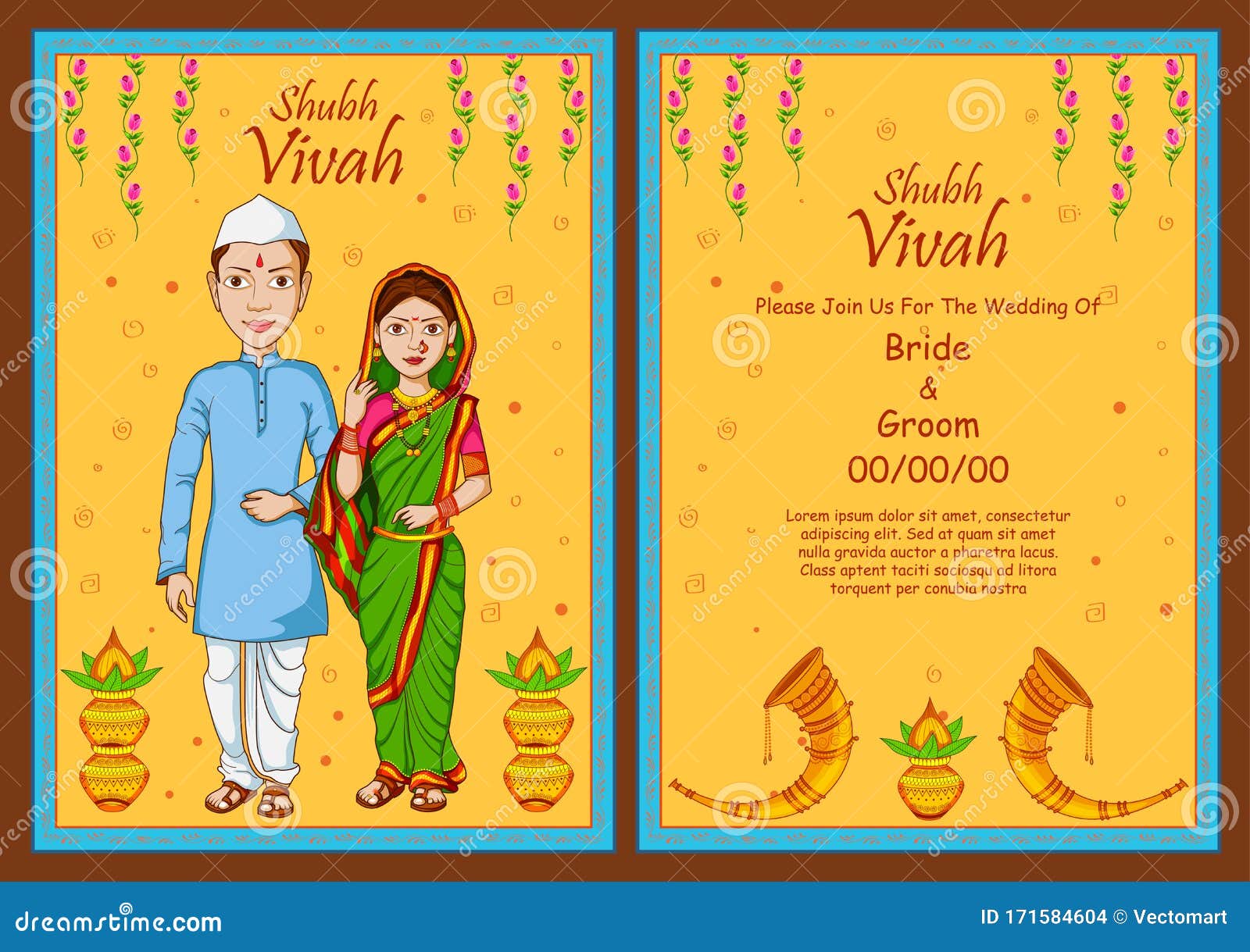couple on indian wedding invitation template background stock
